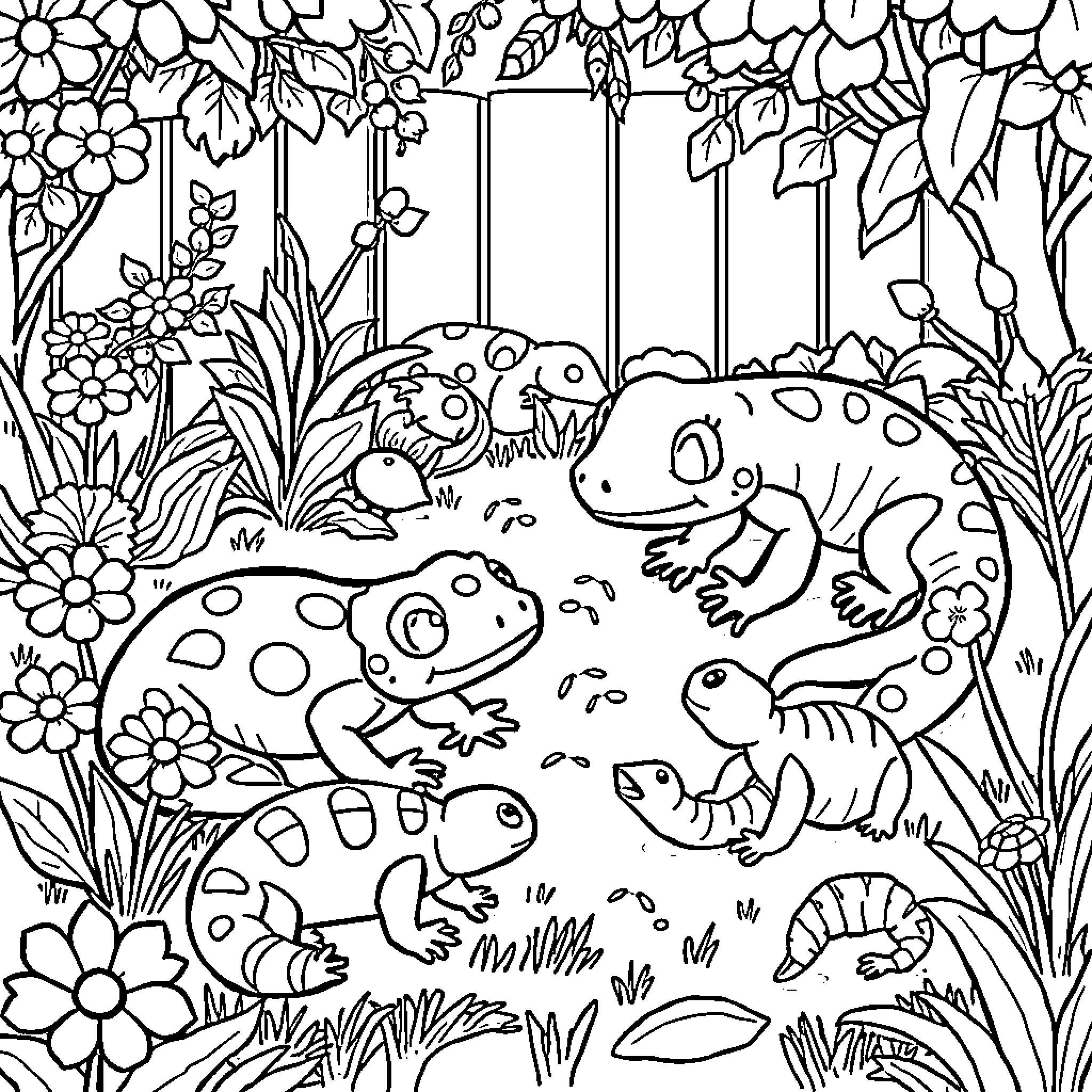 Salamander family in a lush garden Coloring Page (free black-and-white line drawing printable PDF for all, from beginners to advanced learners, including children, teens, adults, and seniors)