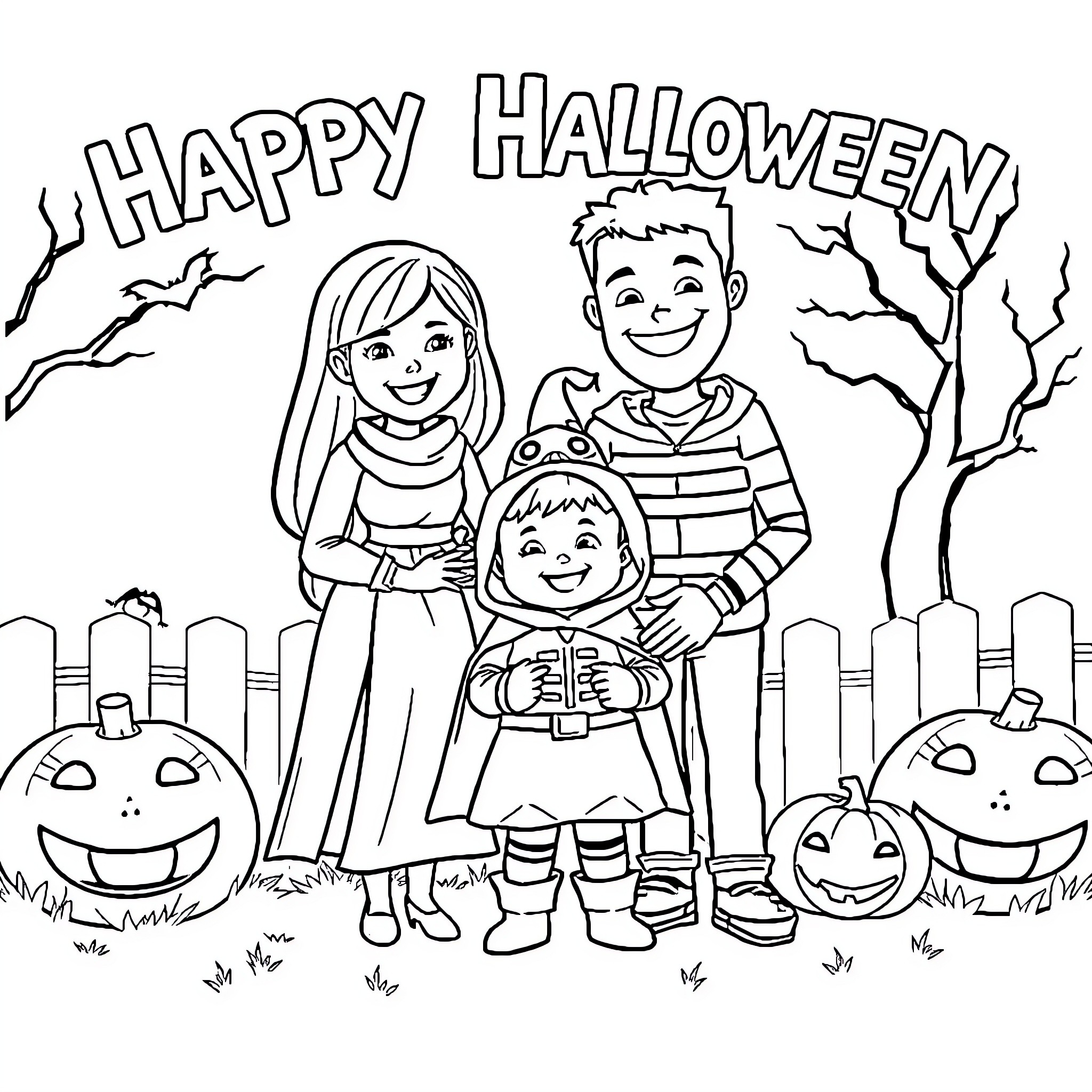 Family Trick-or-Treating on Halloween Night Coloring Page (free black-and-white line drawing printable PDF for all, from beginners to advanced learners, including children, teens, adults, and seniors)