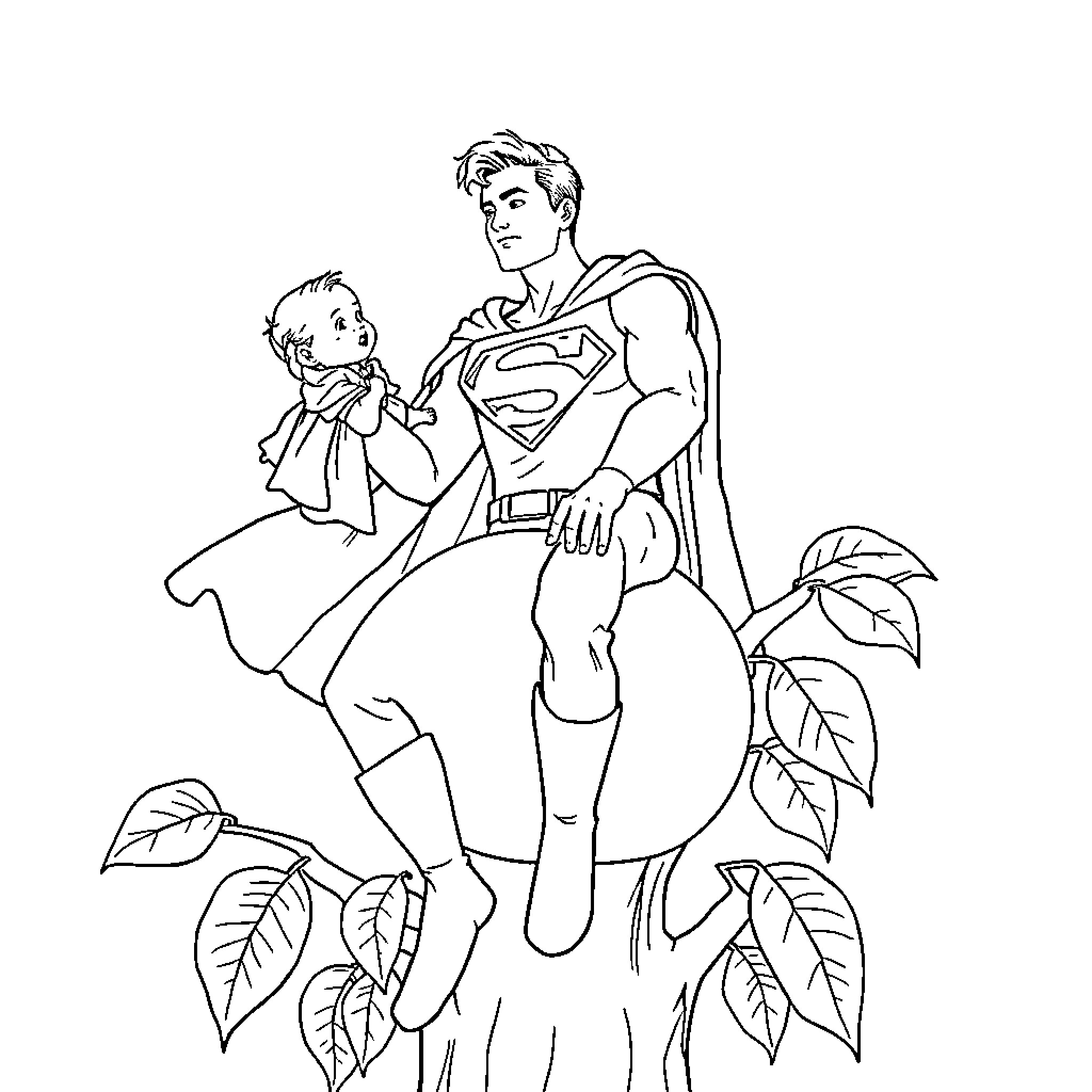 Man in superhero costume holding a child Coloring Page (free black-and-white line drawing printable PDF for all, from beginners to advanced learners, including children, teens, adults, and seniors)