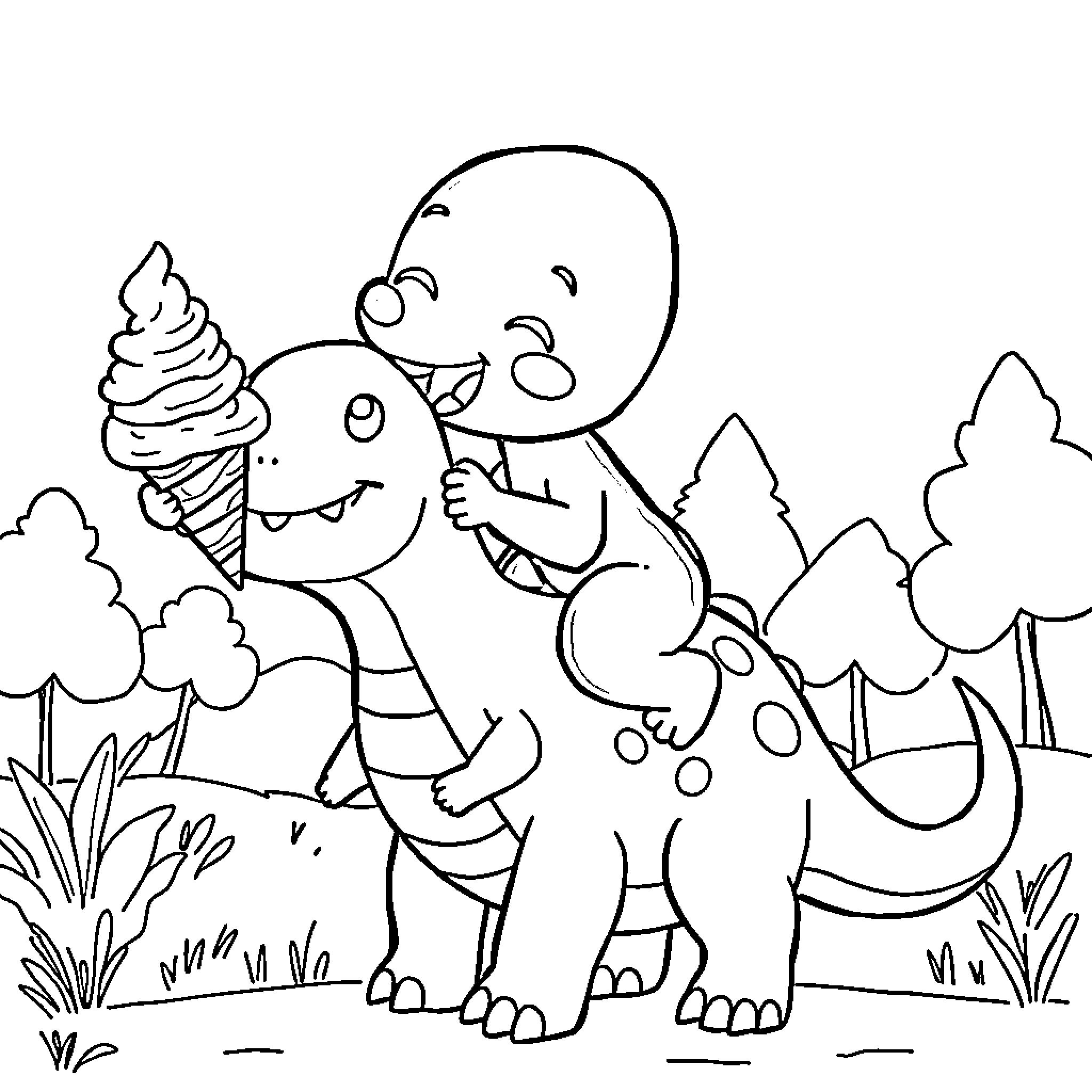 Bluey playing with friendly dinosaur in nature Coloring Page (free black-and-white line drawing printable PDF for all, from beginners to advanced learners, including children, teens, adults, and seniors)