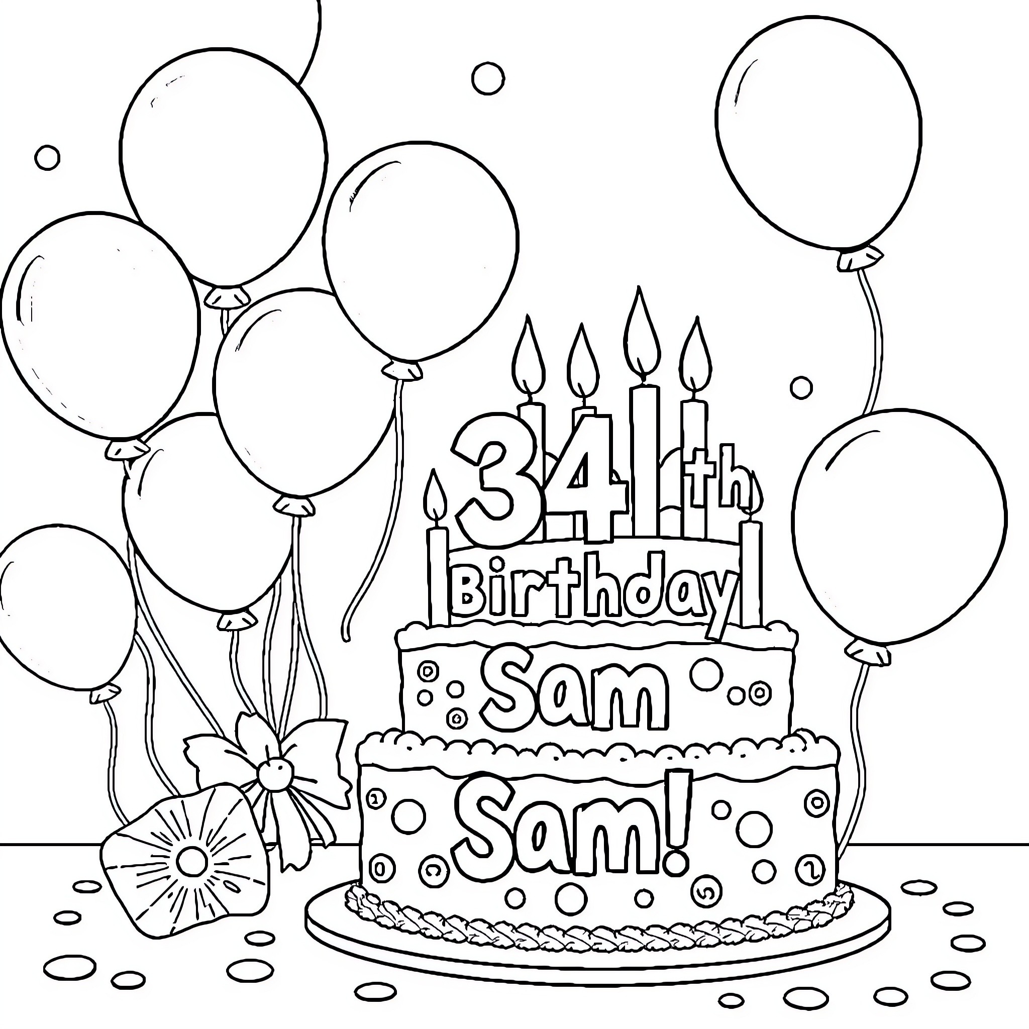 Birthday celebration with cake and balloons Coloring Page (free black-and-white line drawing printable PDF for all, from beginners to advanced learners, including children, teens, adults, and seniors)