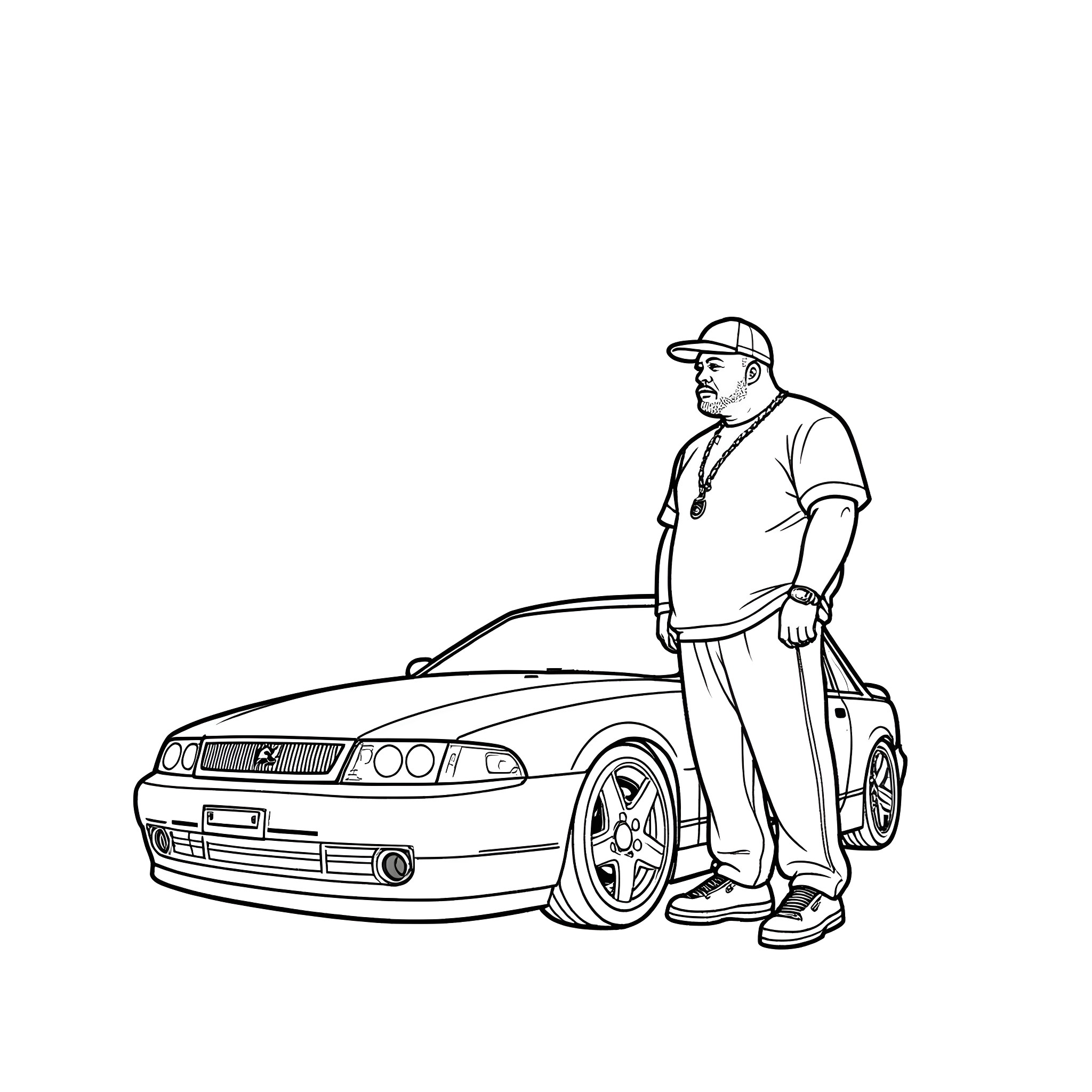 DJ Screw posing next to his customized car Coloring Page (free black-and-white line drawing printable PDF for all, from beginners to advanced learners, including children, teens, adults, and seniors)