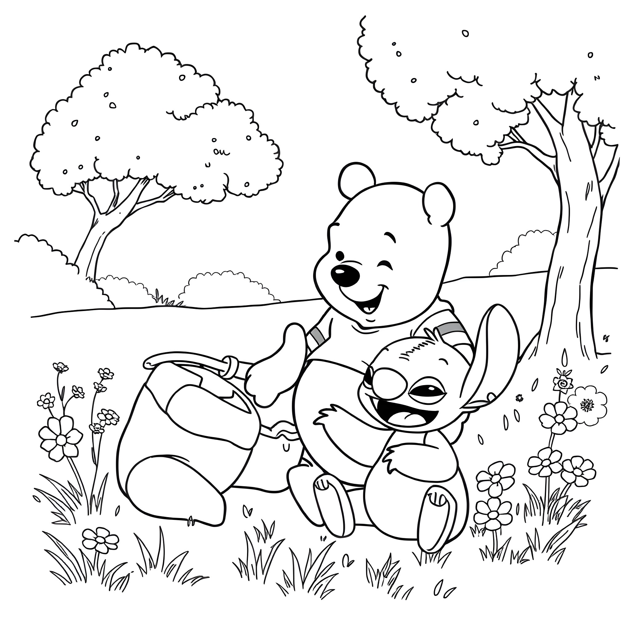 Winnie The Pooh and Stitch playing joyfully in the forest Coloring Page (free black-and-white line drawing printable PDF for all, from beginners to advanced learners, including children, teens, adults, and seniors)