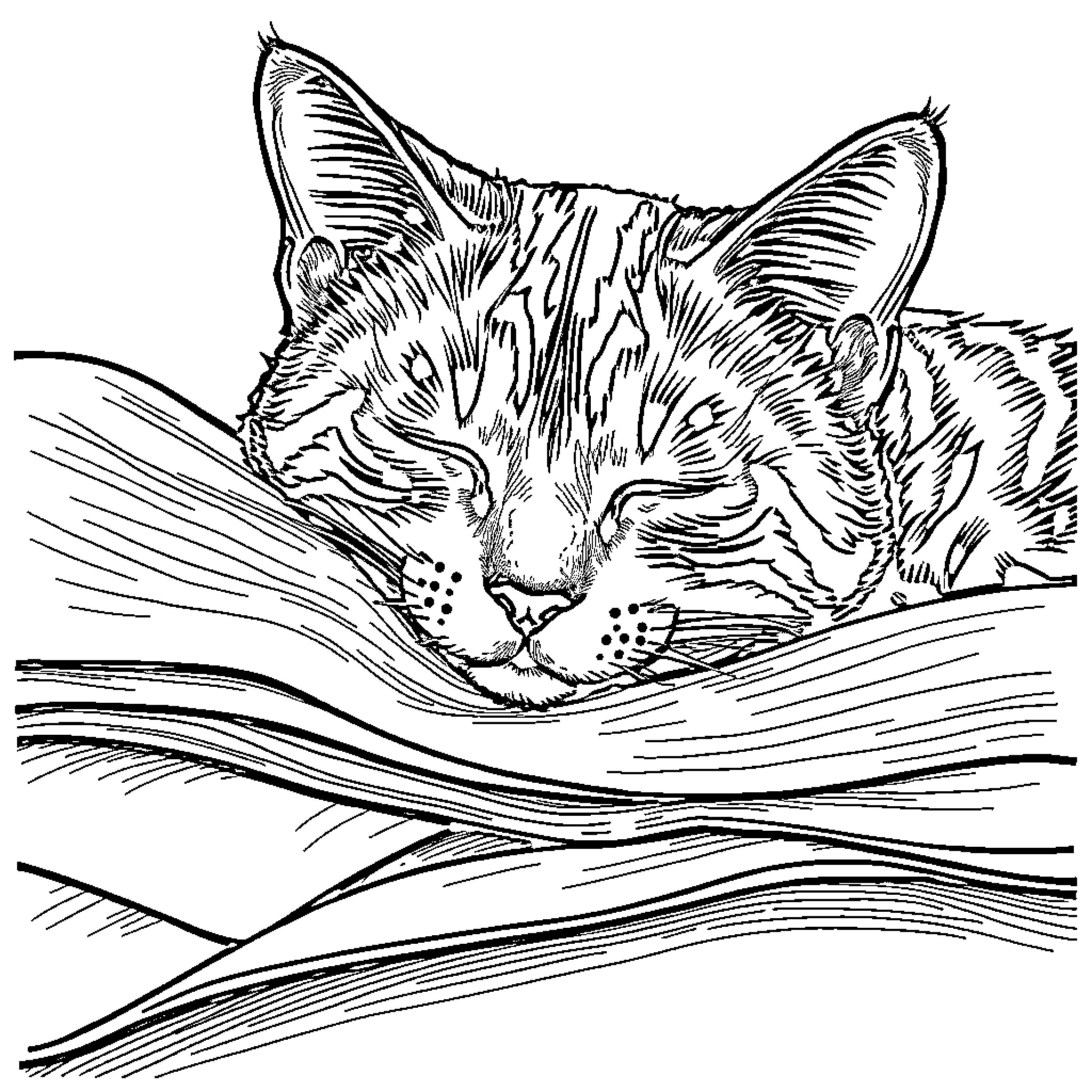 Gato sleeping peacefully on the couch Coloring Page (free black-and-white line drawing printable PDF for all, from beginners to advanced learners, including children, teens, adults, and seniors)