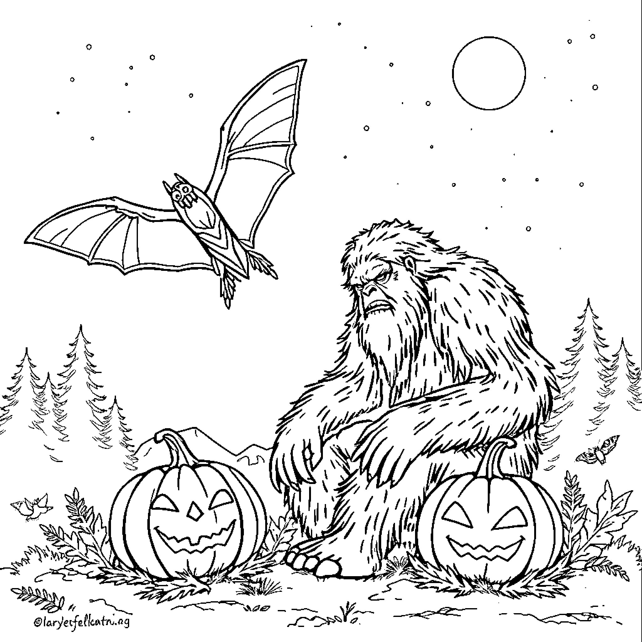 Mothman in a Spooky Halloween Landscape Coloring Page (free black-and-white line drawing printable PDF for all, from beginners to advanced learners, including children, teens, adults, and seniors)