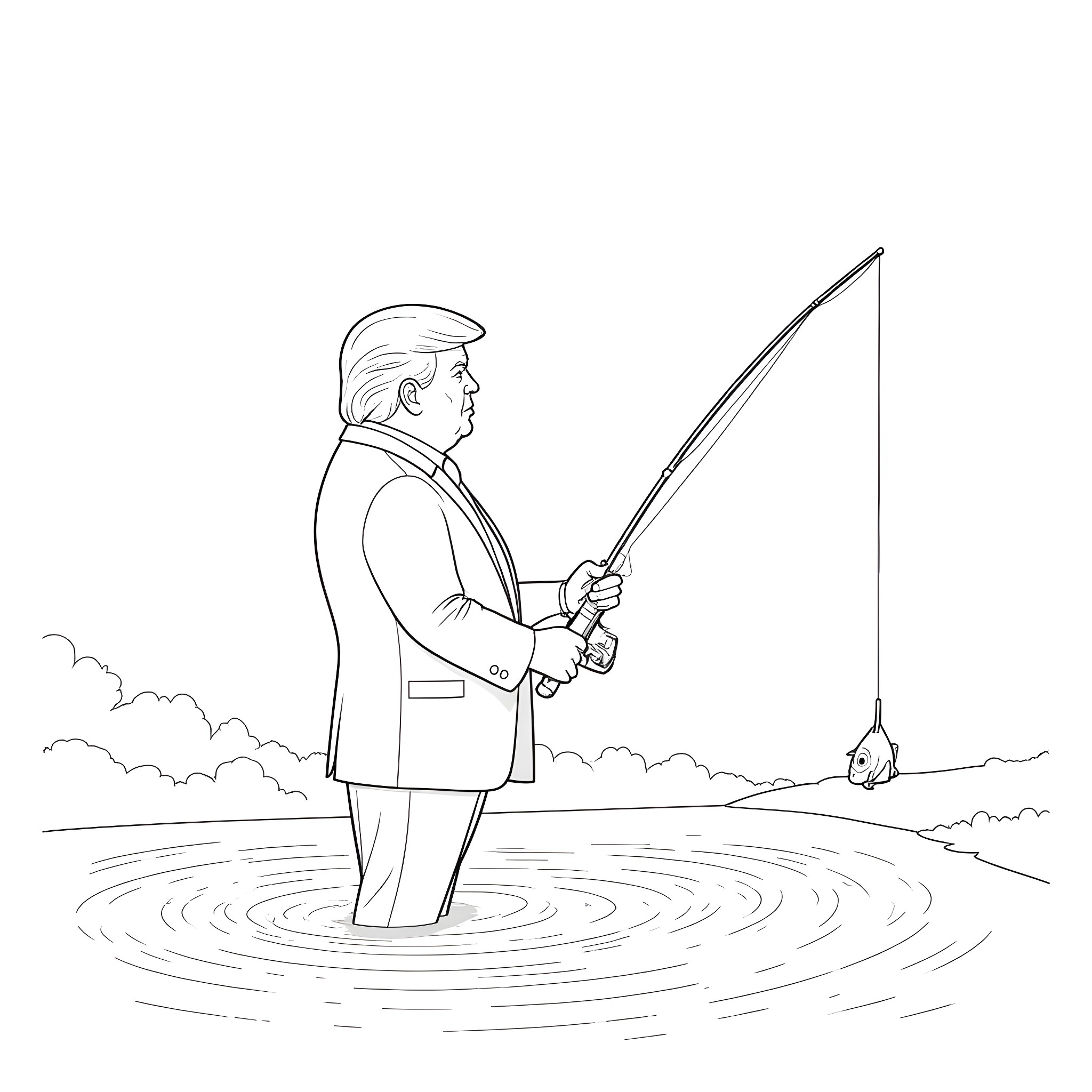 Donald Trump fishing in troubled waters Coloring Page (free black-and-white line drawing printable PDF for all, from beginners to advanced learners, including children, teens, adults, and seniors)