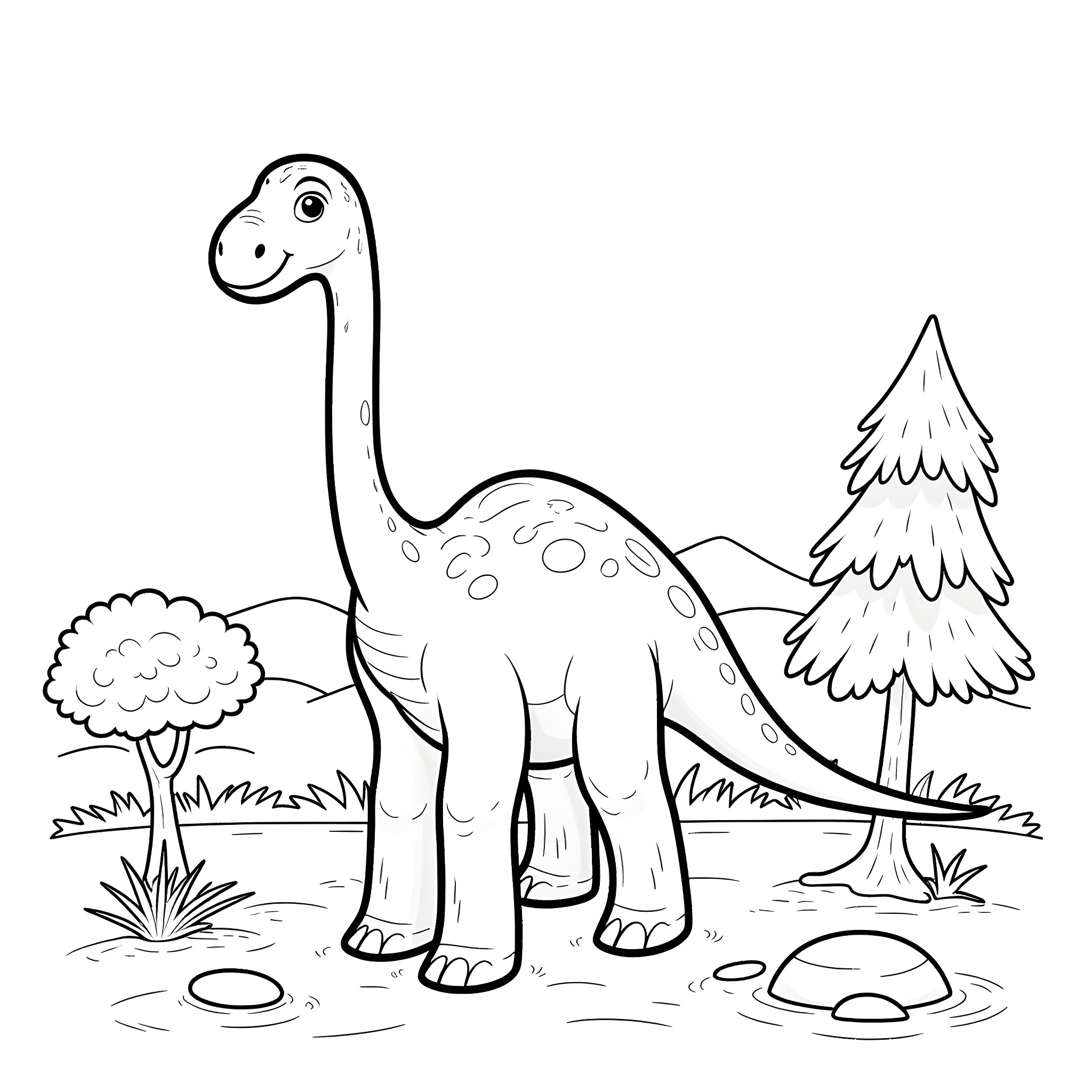 Dinosaur exploring the prehistoric landscape Coloring Page (free black-and-white line drawing printable PDF for all, from beginners to advanced learners, including children, teens, adults, and seniors)