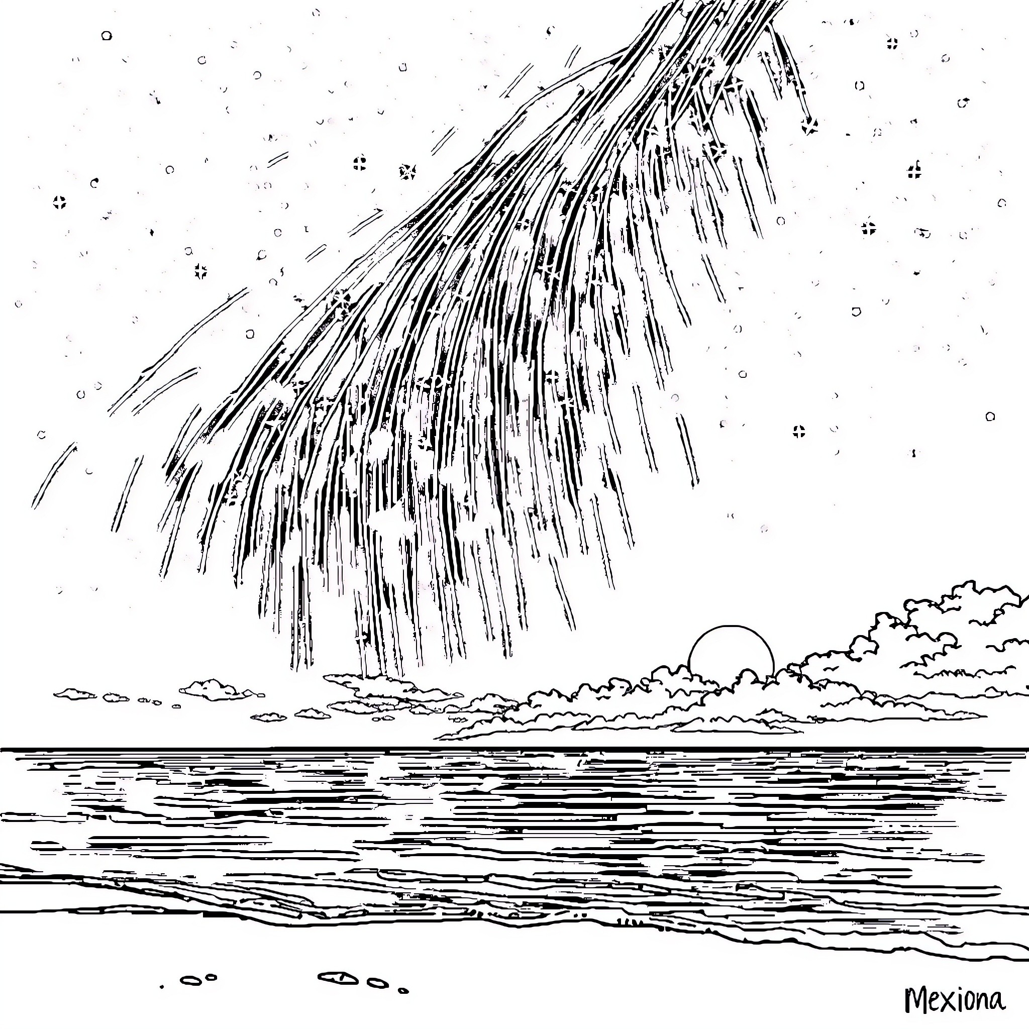 Estrella's Celestial Shower Coloring Page (free black-and-white line drawing printable PDF for all, from beginners to advanced learners, including children, teens, adults, and seniors)