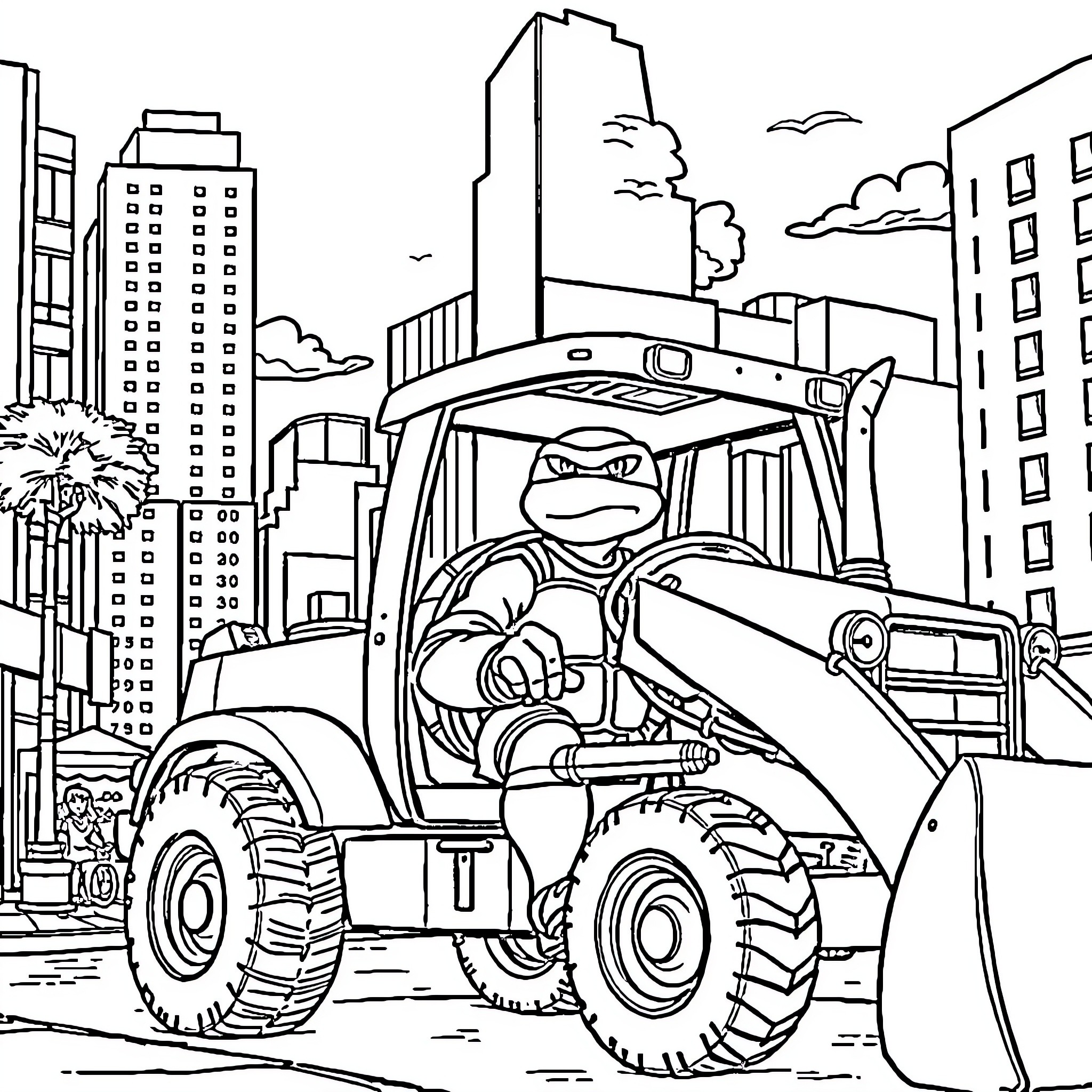 Teenage Mutant Ninja Turtle operating construction vehicle in city Coloring Page (free black-and-white line drawing printable PDF for all, from beginners to advanced learners, including children, teens, adults, and seniors)