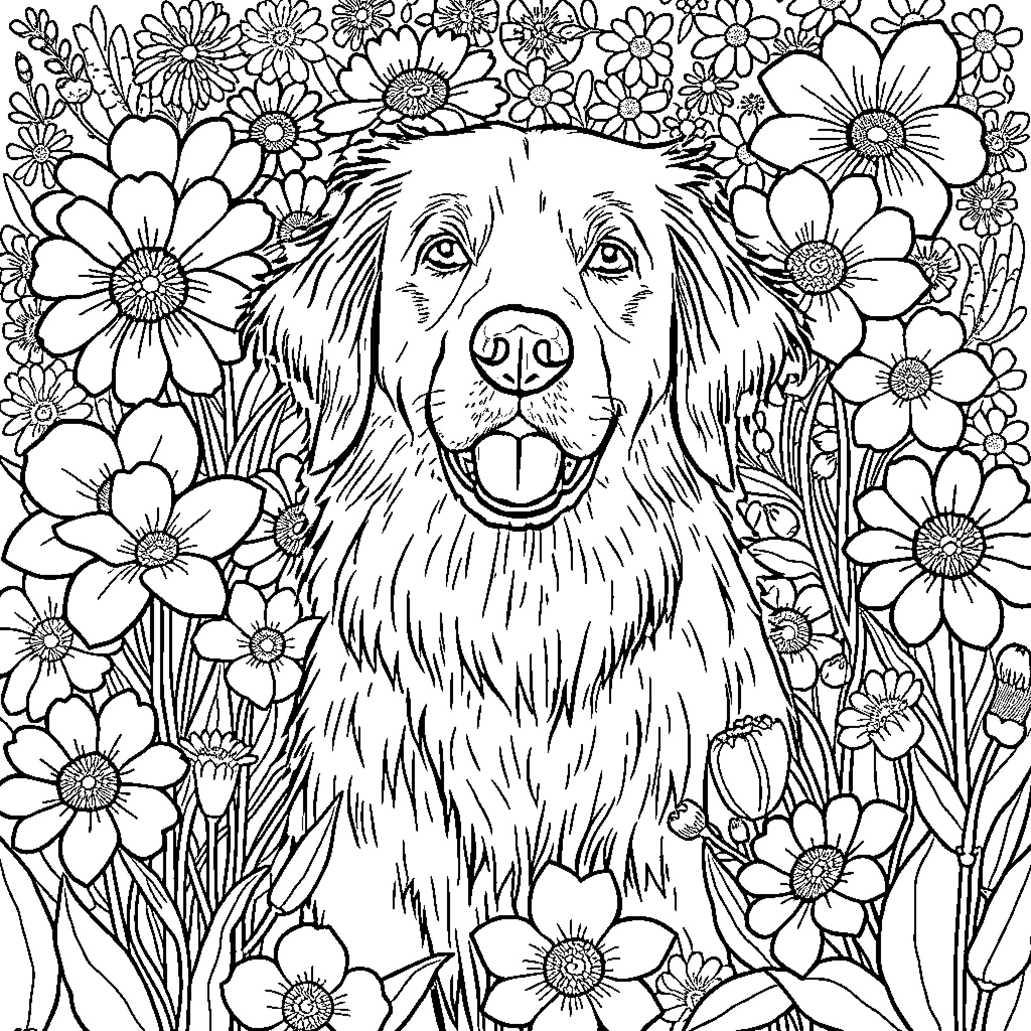 Golden Retriever surrounded by vibrant floral garden Coloring Page (free black-and-white line drawing printable PDF for all, from beginners to advanced learners, including children, teens, adults, and seniors)