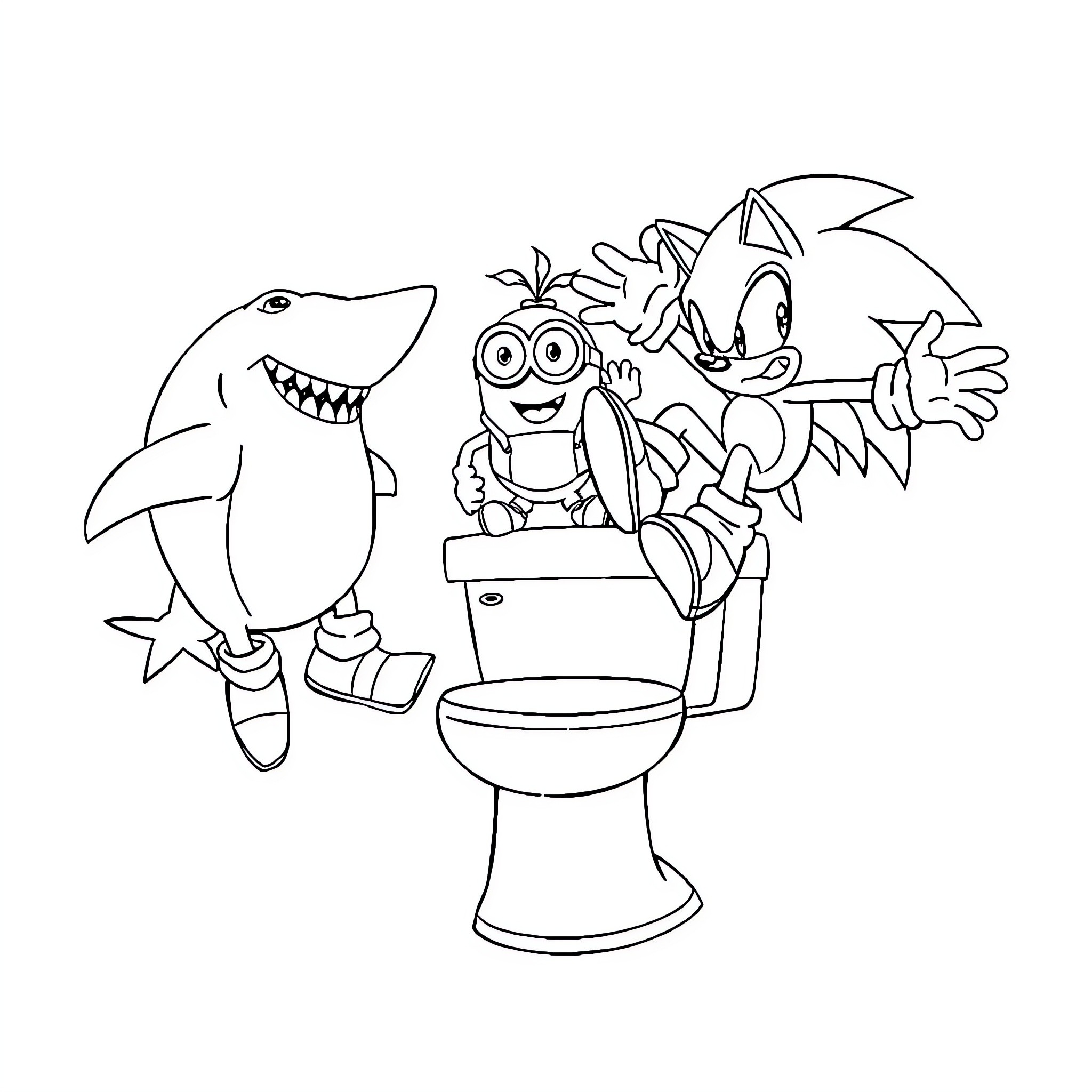 Shark and friends having fun in the bathroom Coloring Page (free black-and-white line drawing printable PDF for all, from beginners to advanced learners, including children, teens, adults, and seniors)