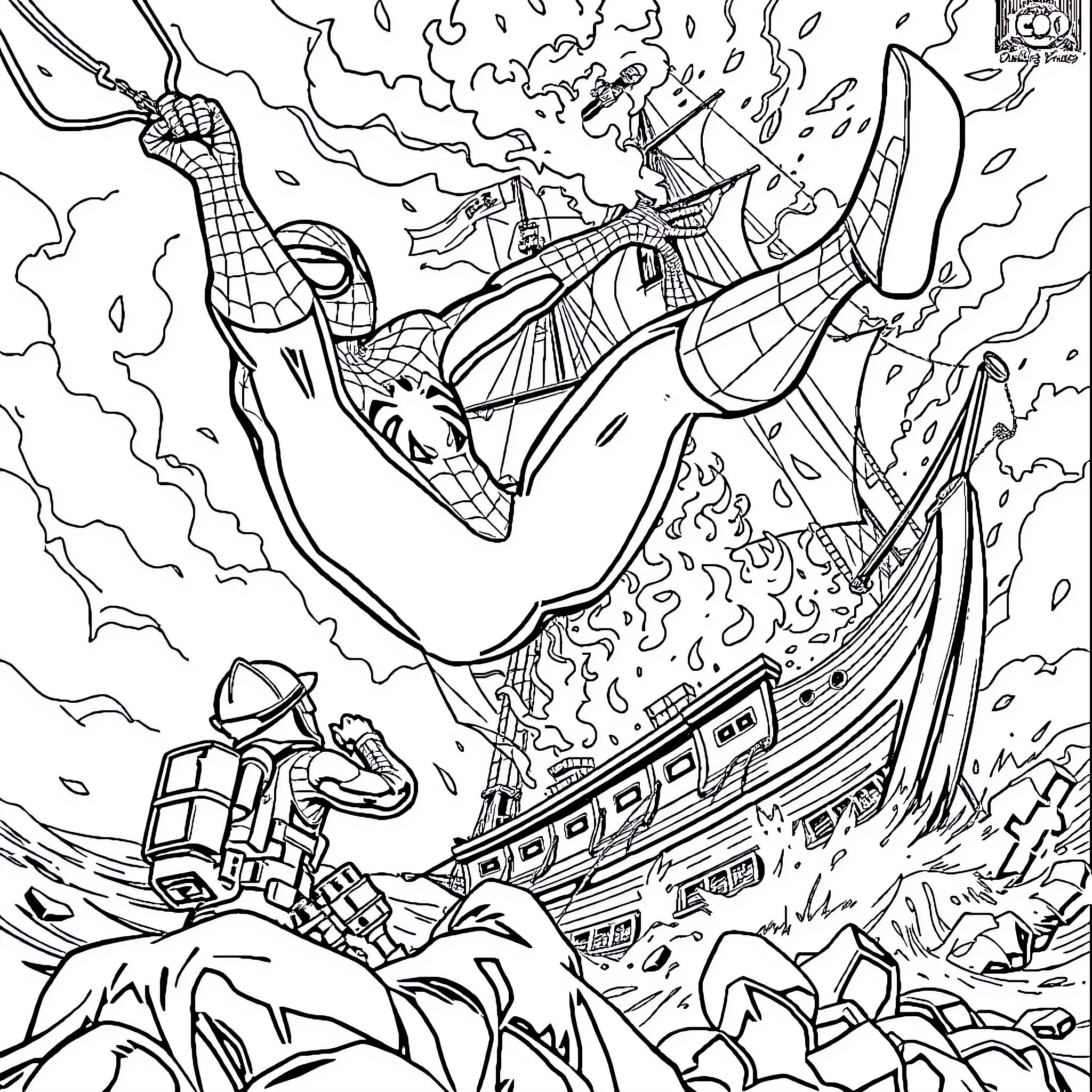 Spiderman's heroic acrobatic rescue mission Coloring Page (free black-and-white line drawing printable PDF for all, from beginners to advanced learners, including children, teens, adults, and seniors)