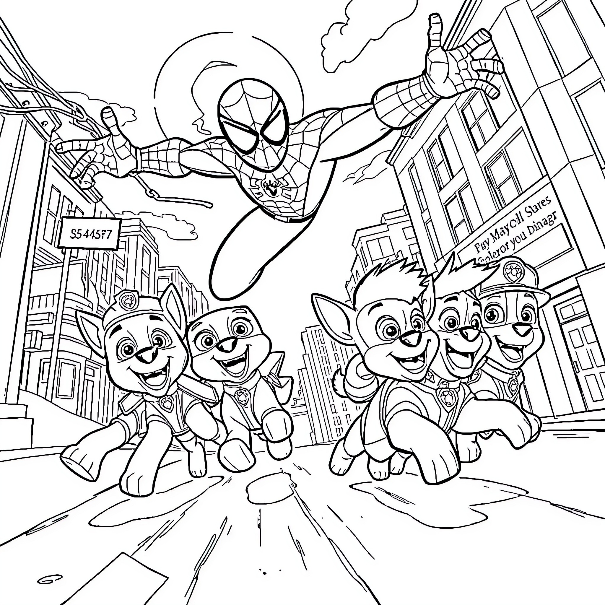 Spidey rescues cheerful pups in city backdrop Coloring Page (free black-and-white line drawing printable PDF for all, from beginners to advanced learners, including children, teens, adults, and seniors)