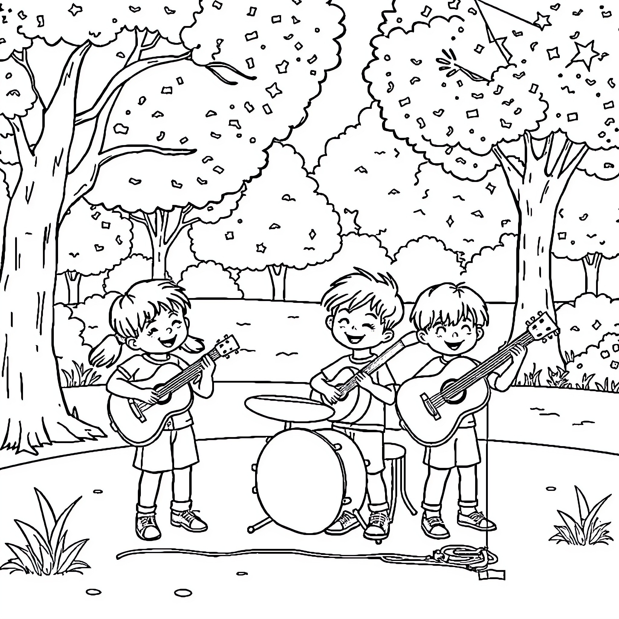 Kids performing music in the park Coloring Page (free black-and-white line drawing printable PDF for all, from beginners to advanced learners, including children, teens, adults, and seniors)