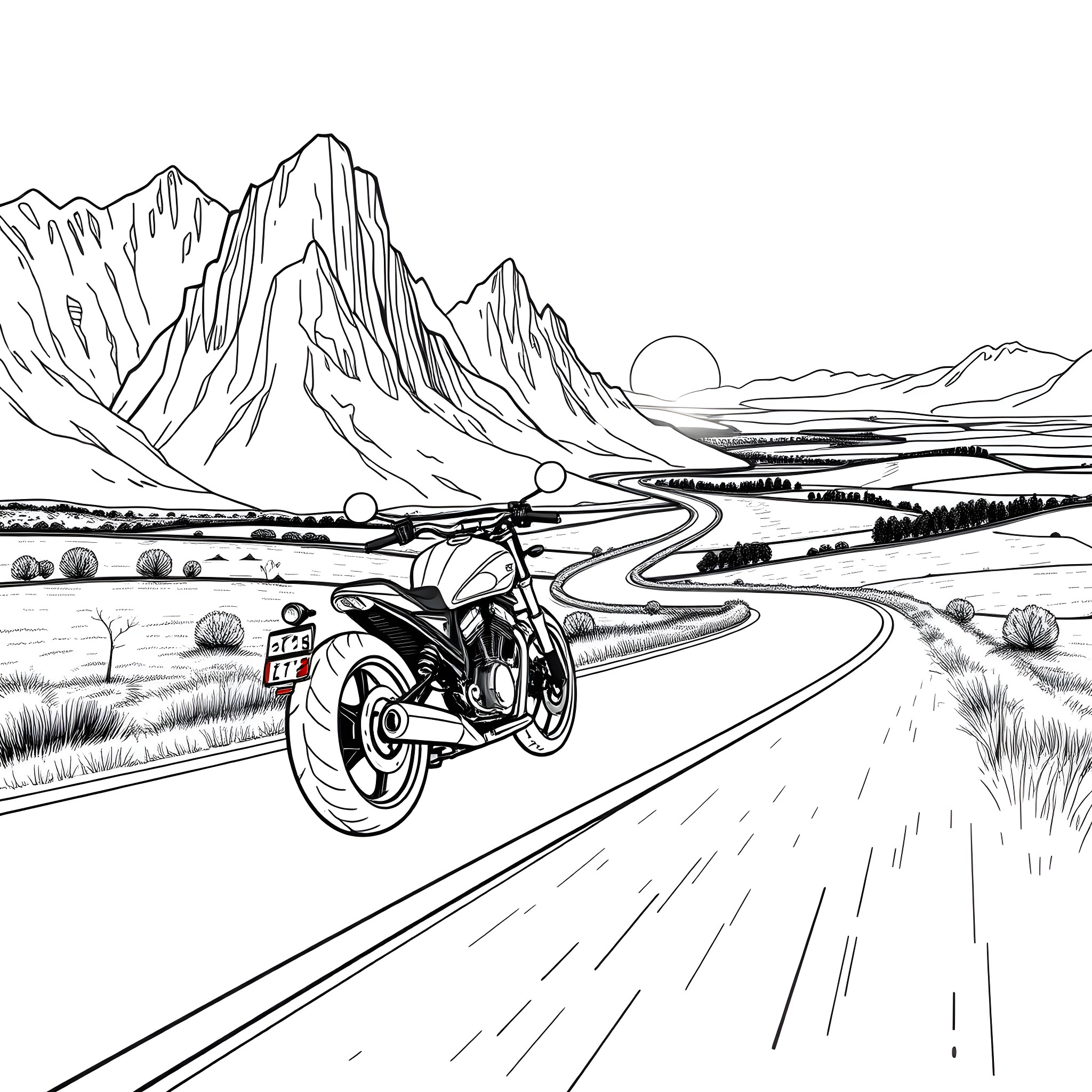 Bike racing through scenic mountain landscape Coloring Page (free black-and-white line drawing printable PDF for all, from beginners to advanced learners, including children, teens, adults, and seniors)