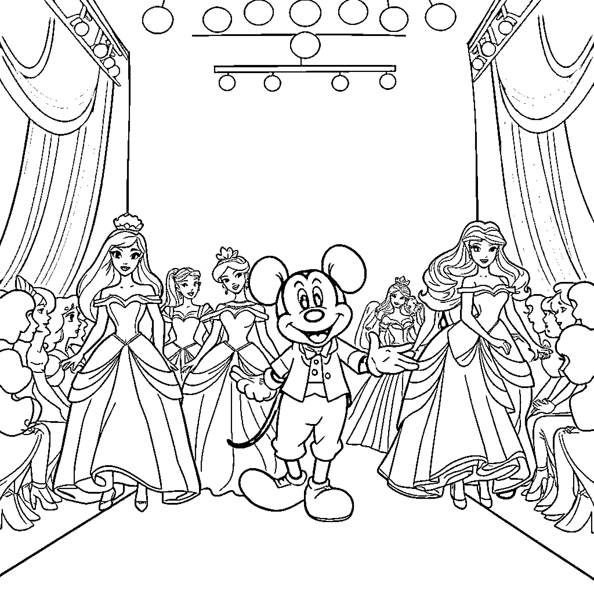 Disney Princess Characters on Stage Coloring Page (free black-and-white line drawing printable PDF for all, from beginners to advanced learners, including children, teens, adults, and seniors)