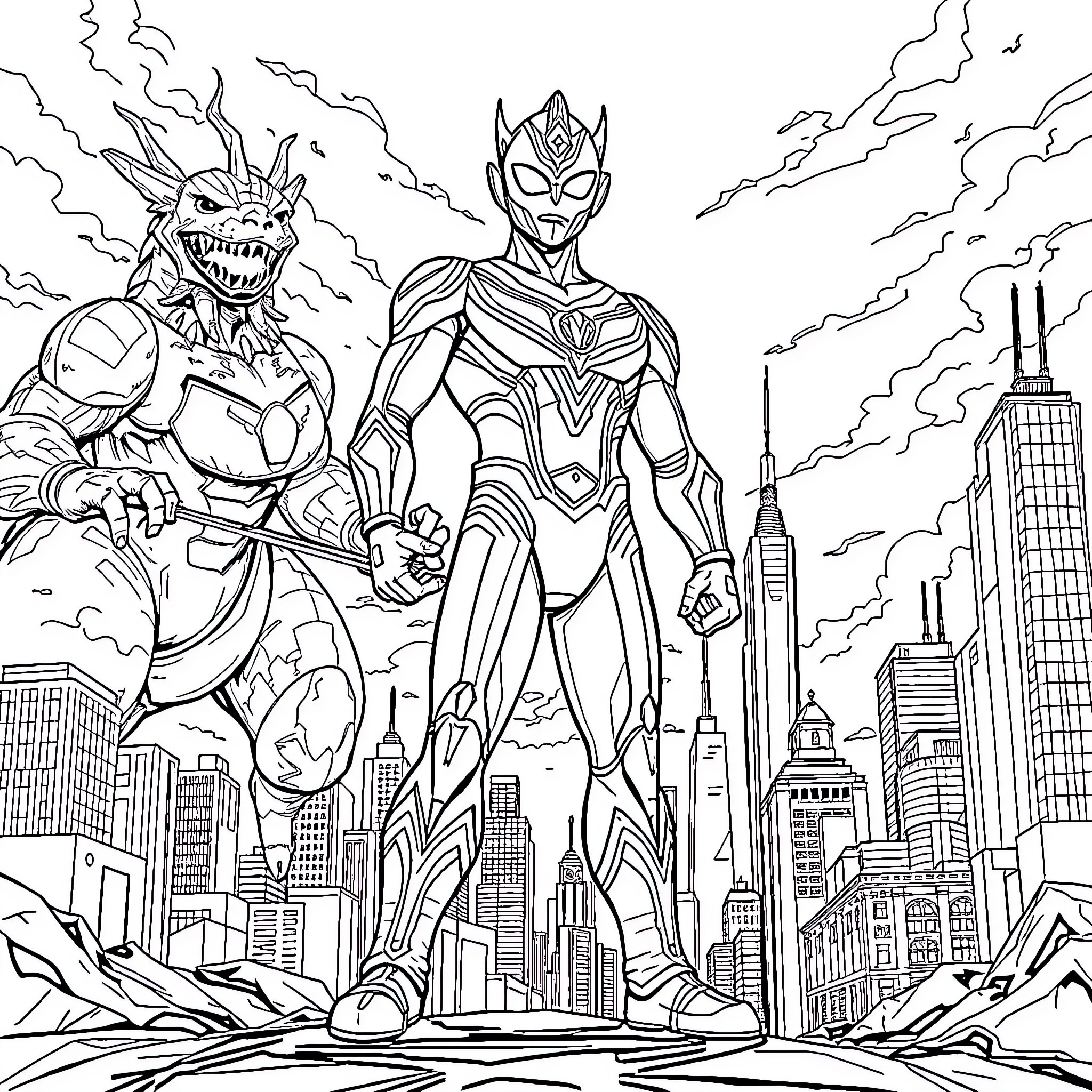 Ultraman heroically battles a fearsome monster in the city Coloring Page (free black-and-white line drawing printable PDF for all, from beginners to advanced learners, including children, teens, adults, and seniors)