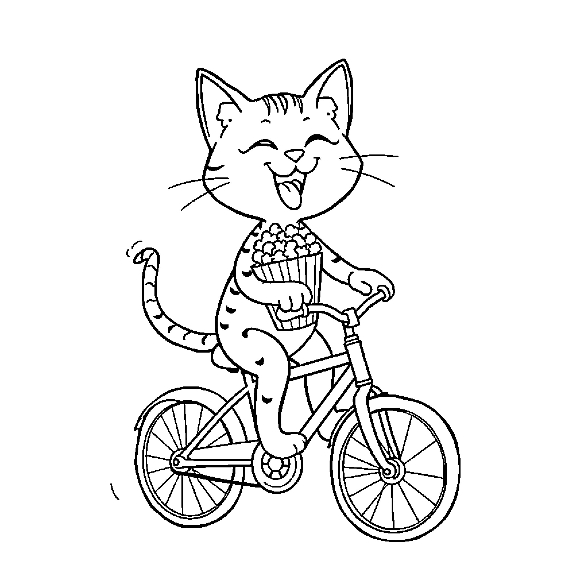 Cat riding a bicycle with popcorn Coloring Page (free black-and-white line drawing printable PDF for all, from beginners to advanced learners, including children, teens, adults, and seniors)
