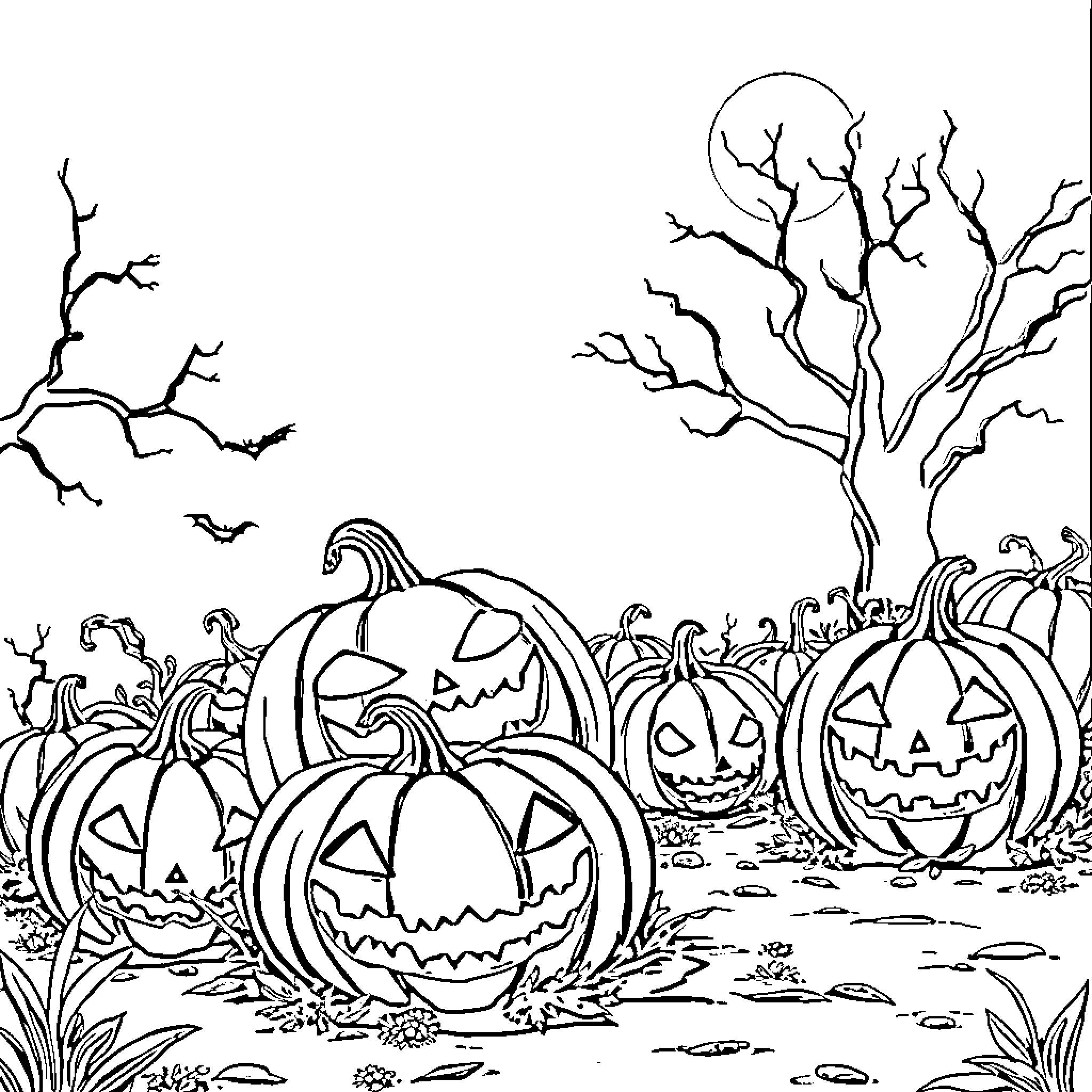 Pumpkins in a Spooky Autumn Scene Coloring Page (free black-and-white line drawing printable PDF for all, from beginners to advanced learners, including children, teens, adults, and seniors)