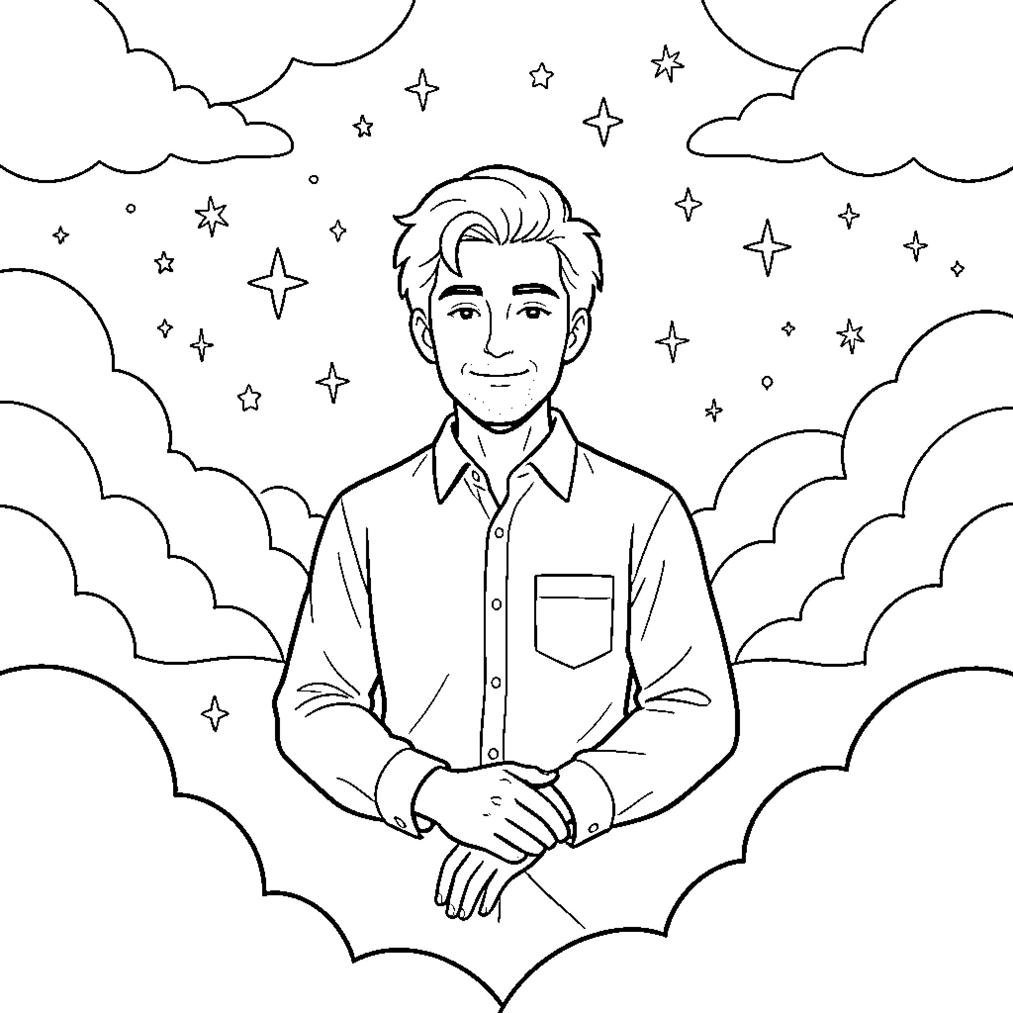 Man in a starry sky with clouds Coloring Page (free black-and-white line drawing printable PDF for all, from beginners to advanced learners, including children, teens, adults, and seniors)