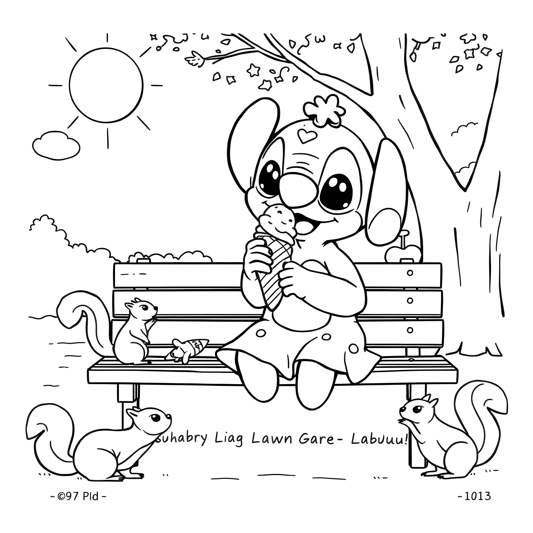 Labubu enjoying nature with furry friends Coloring Page (free black-and-white line drawing printable PDF for all, from beginners to advanced learners, including children, teens, adults, and seniors)