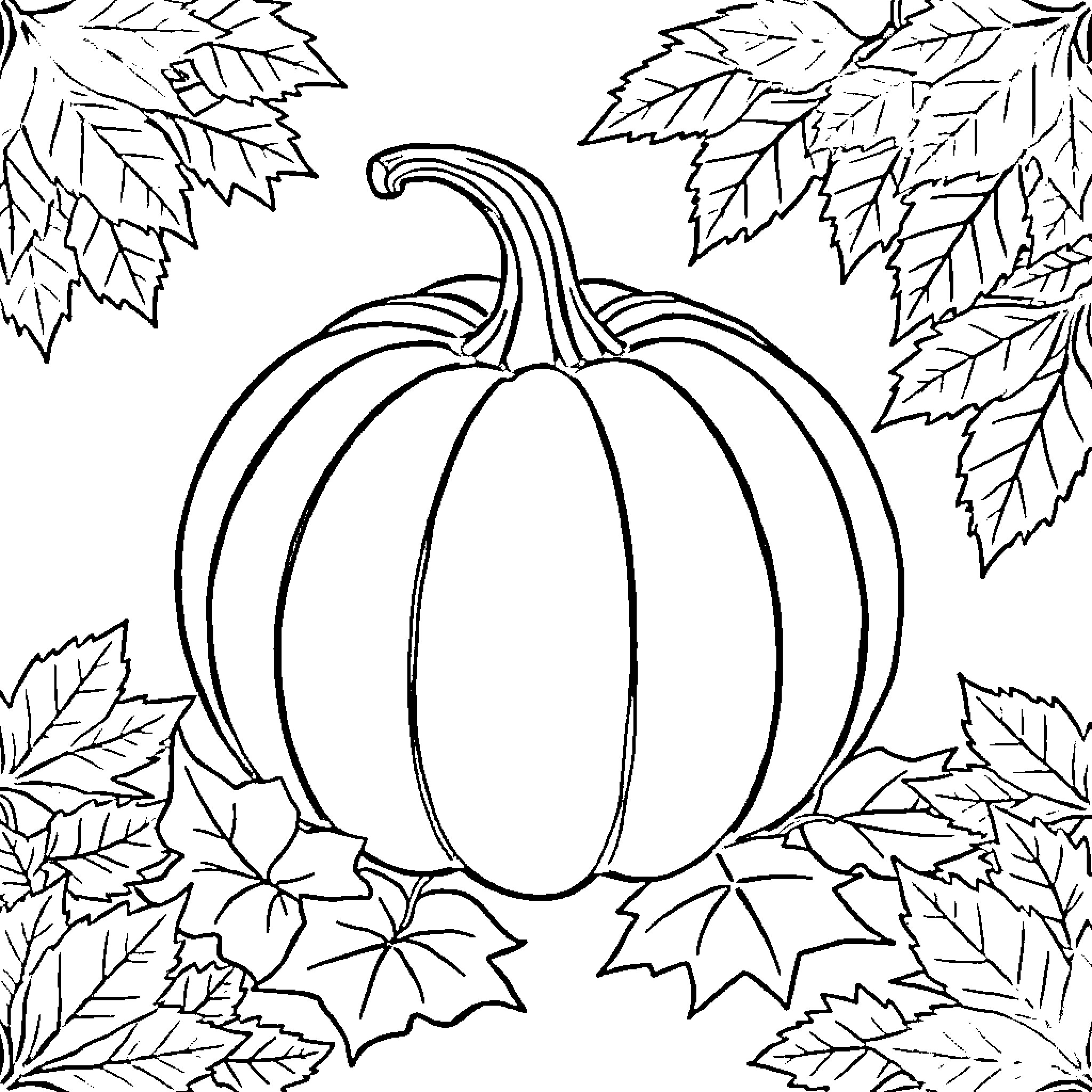 Pumpkin in autumn leaves Coloring Page (free black-and-white line drawing printable PDF for all, from beginners to advanced learners, including children, teens, adults, and seniors)