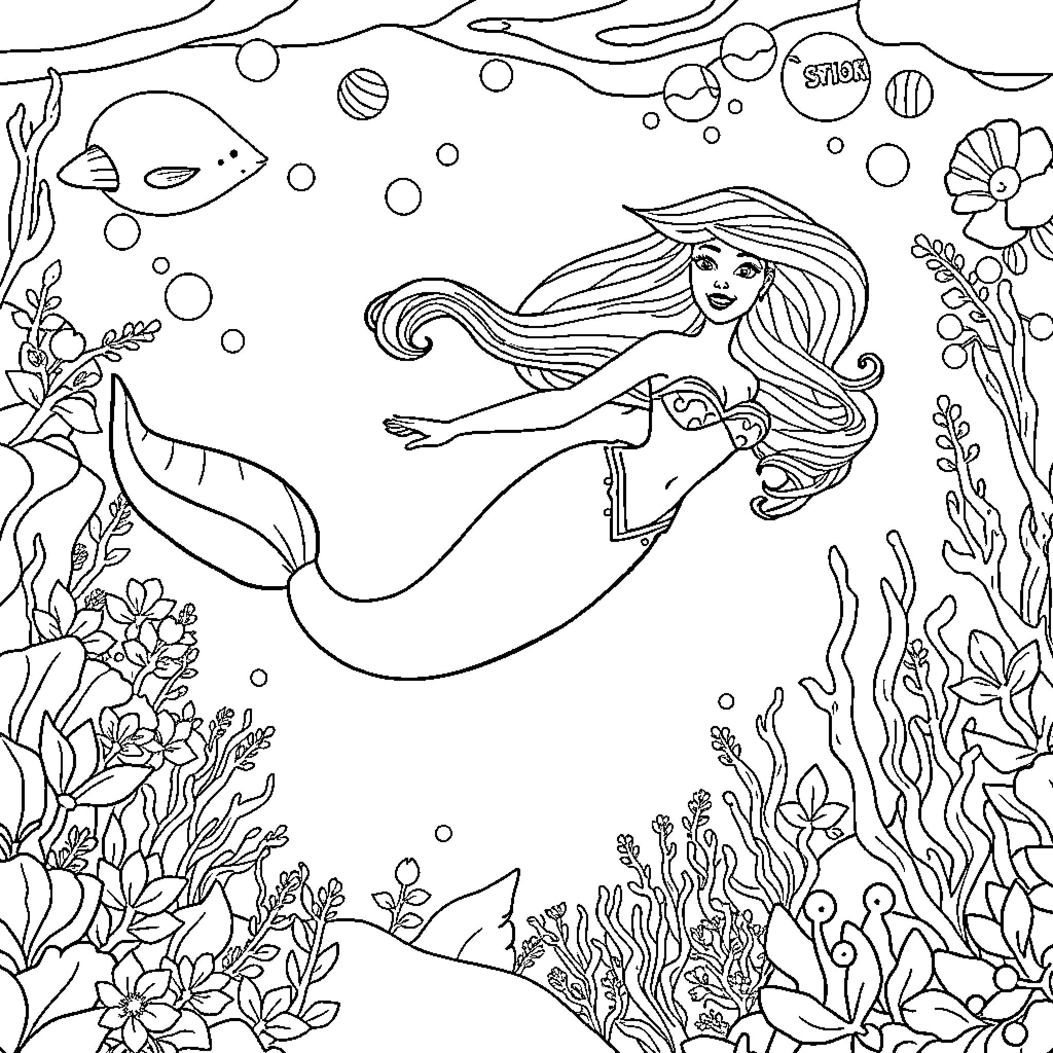 Barbie mermaid swimming in an underwater garden Coloring Page (free black-and-white line drawing printable PDF for all, from beginners to advanced learners, including children, teens, adults, and seniors)