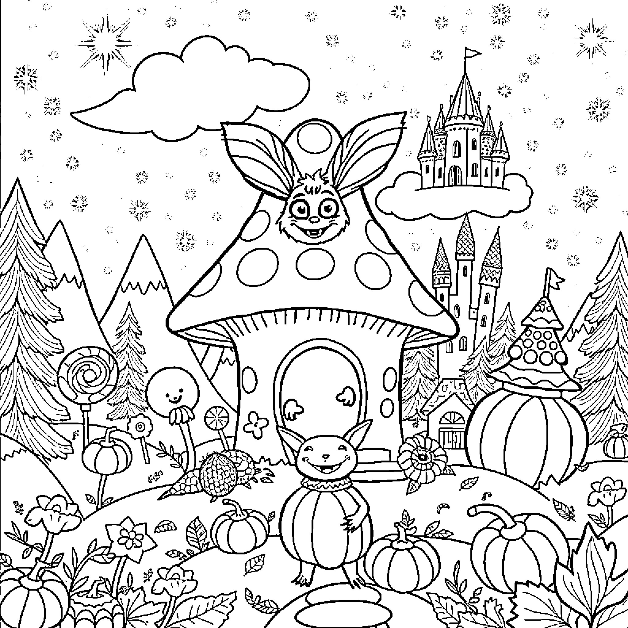 Monster creatures exploring a whimsical fantasy world Coloring Page (free black-and-white line drawing printable PDF for all, from beginners to advanced learners, including children, teens, adults, and seniors)