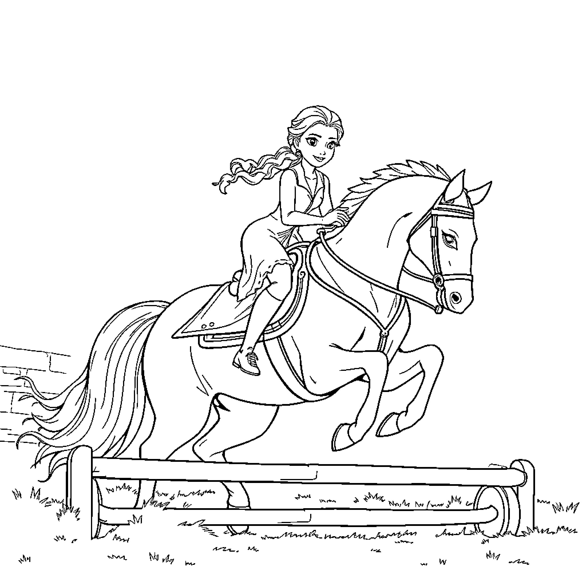 Elsa riding a majestic horse through the countryside Coloring Page (free black-and-white line drawing printable PDF for all, from beginners to advanced learners, including children, teens, adults, and seniors)