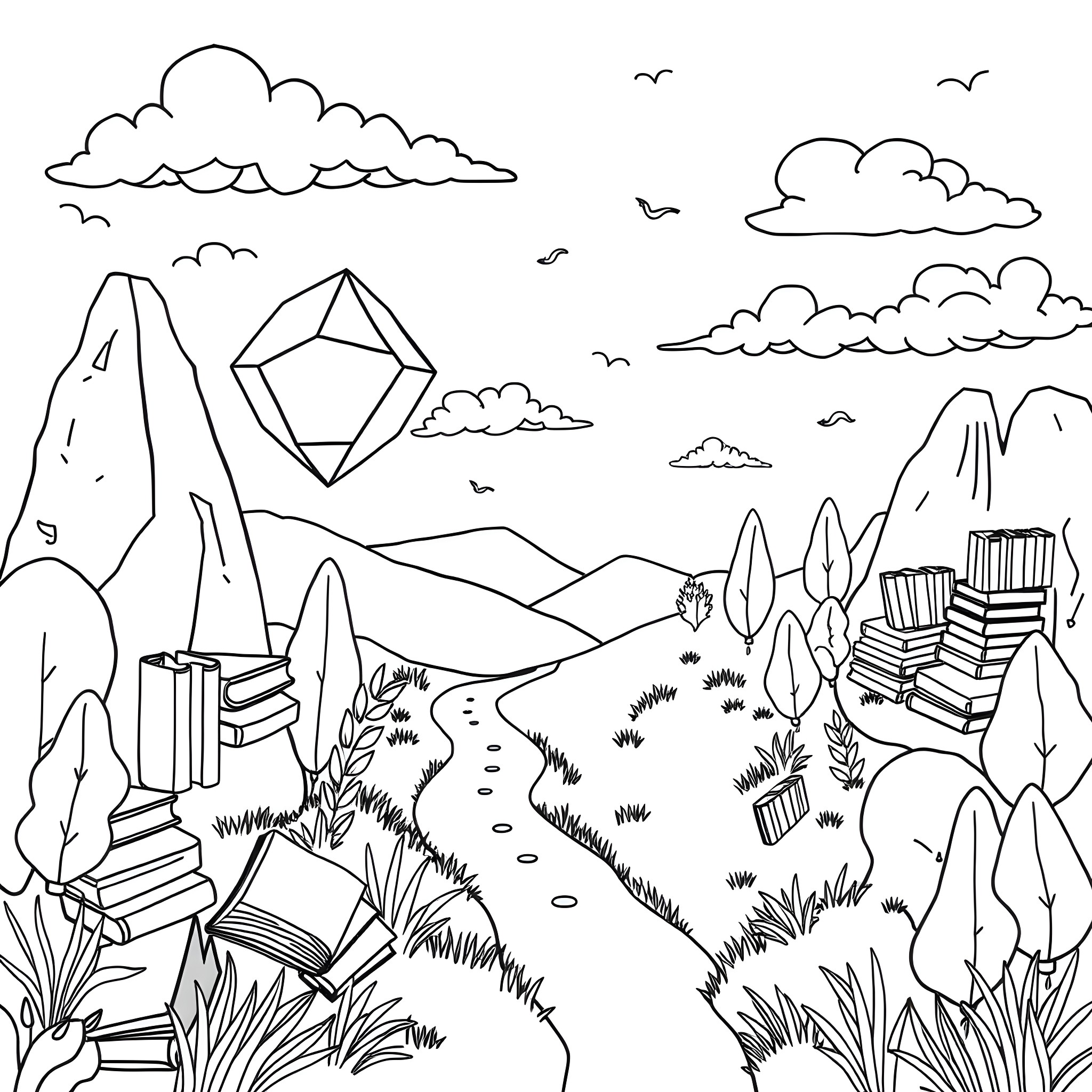 Math Landscape with Geometric Shapes and Books Coloring Page (free black-and-white line drawing printable PDF for all, from beginners to advanced learners, including children, teens, adults, and seniors)