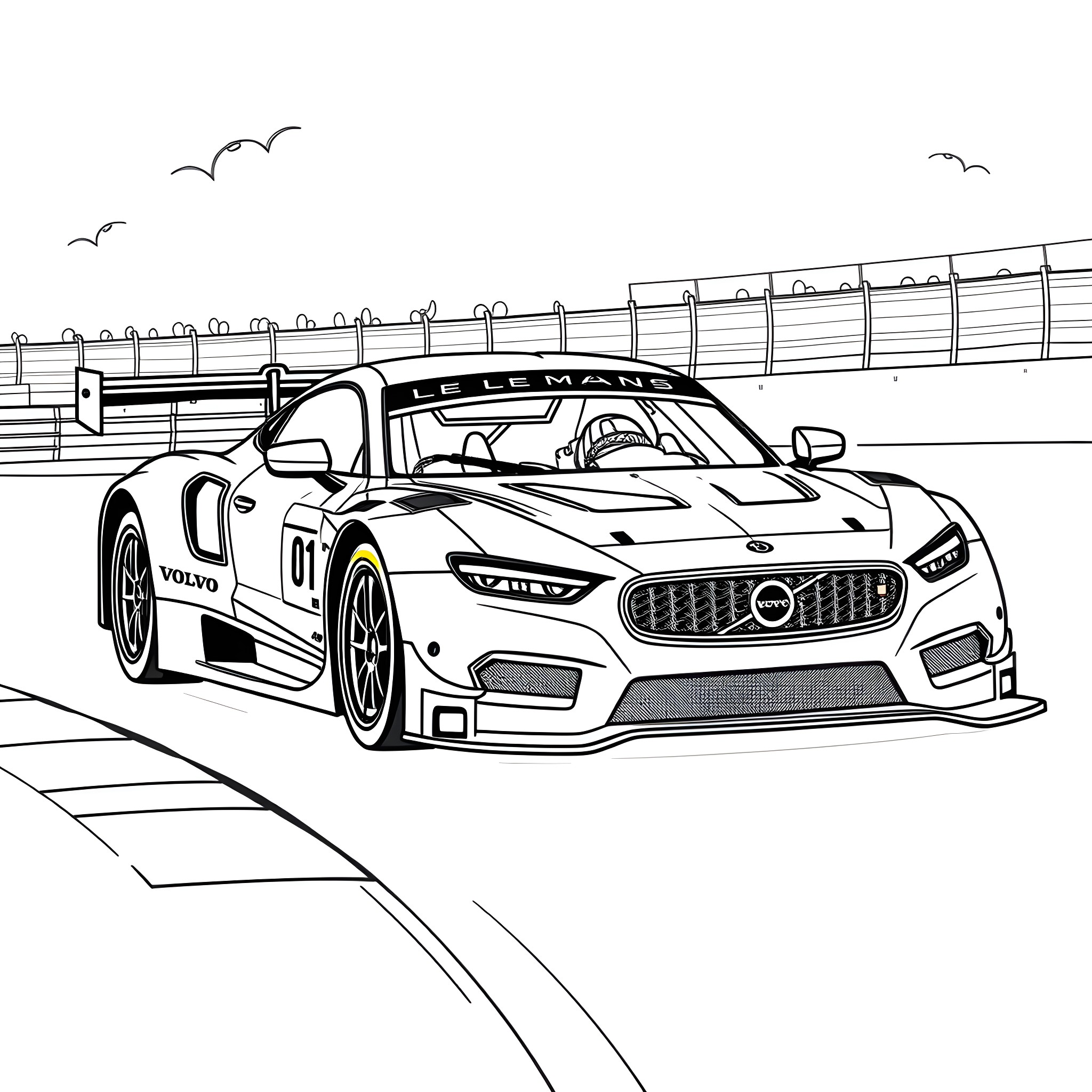 Volvo race car speeding on the racetrack Coloring Page (free black-and-white line drawing printable PDF for all, from beginners to advanced learners, including children, teens, adults, and seniors)