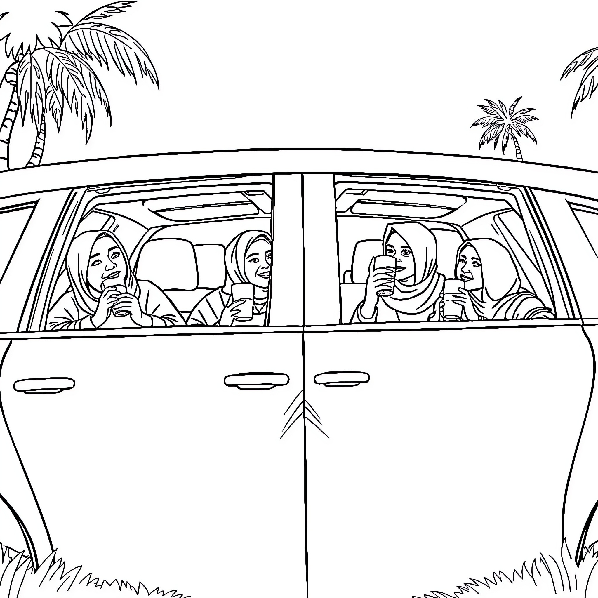 Citroen C4 Grand Picasso family road trip Coloring Page (free black-and-white line drawing printable PDF for all, from beginners to advanced learners, including children, teens, adults, and seniors)