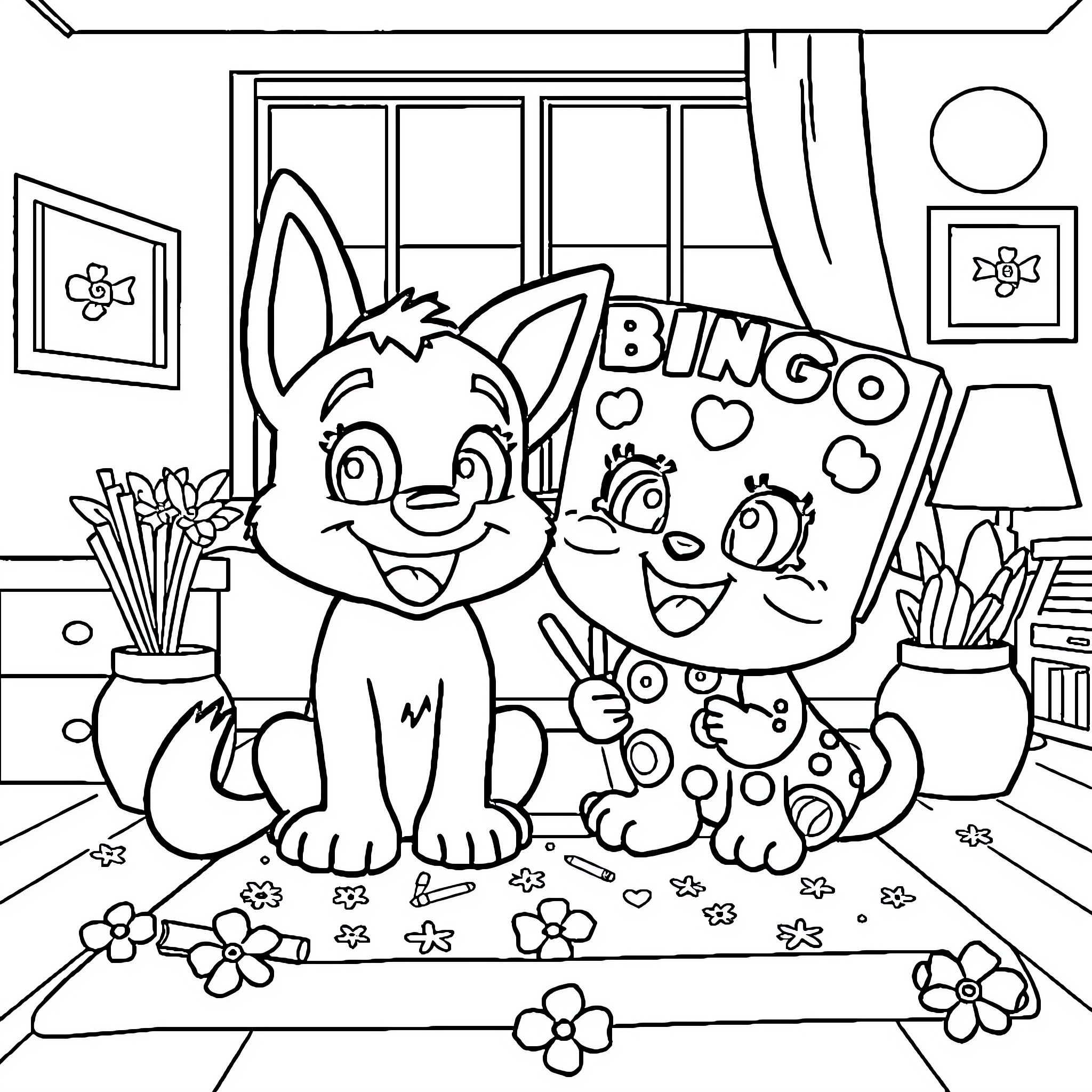 Bluey and Bingo playing happily at home Coloring Page (free black-and-white line drawing printable PDF for all, from beginners to advanced learners, including children, teens, adults, and seniors)