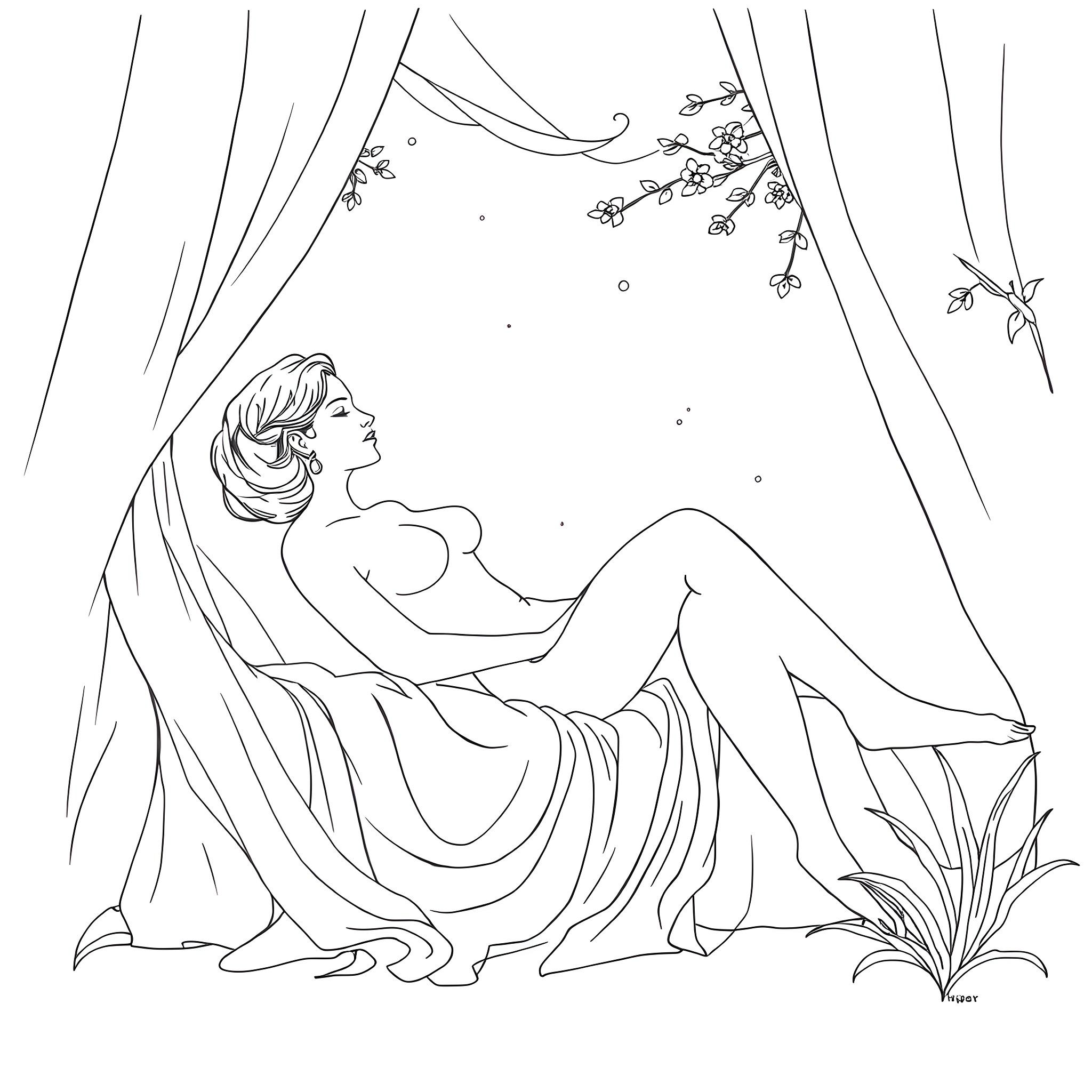 Woman reclining in a serene floral setting Coloring Page (free black-and-white line drawing printable PDF for all, from beginners to advanced learners, including children, teens, adults, and seniors)