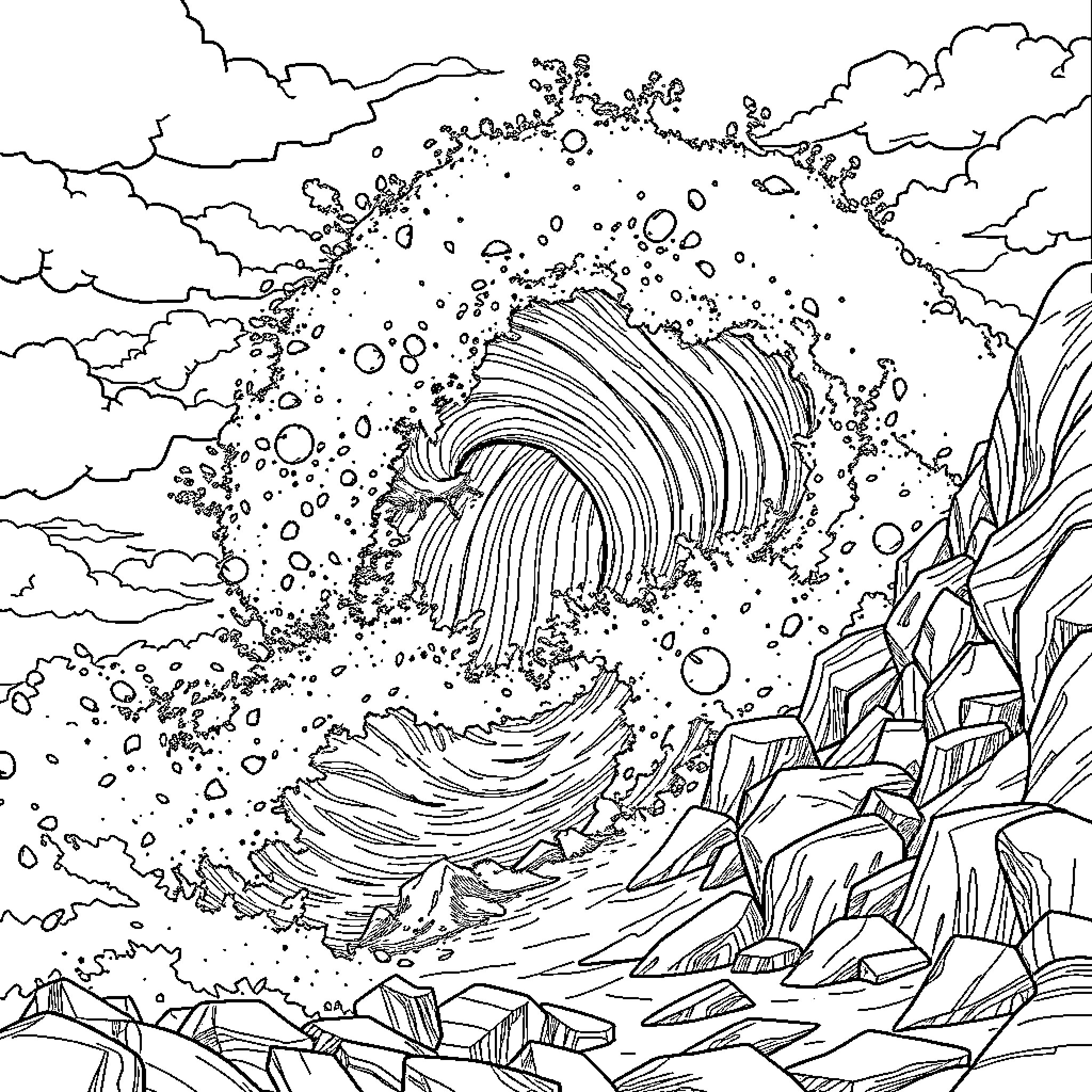 Wave crashing against rocky cliffs in stormy weather Coloring Page (free black-and-white line drawing printable PDF for all, from beginners to advanced learners, including children, teens, adults, and seniors)