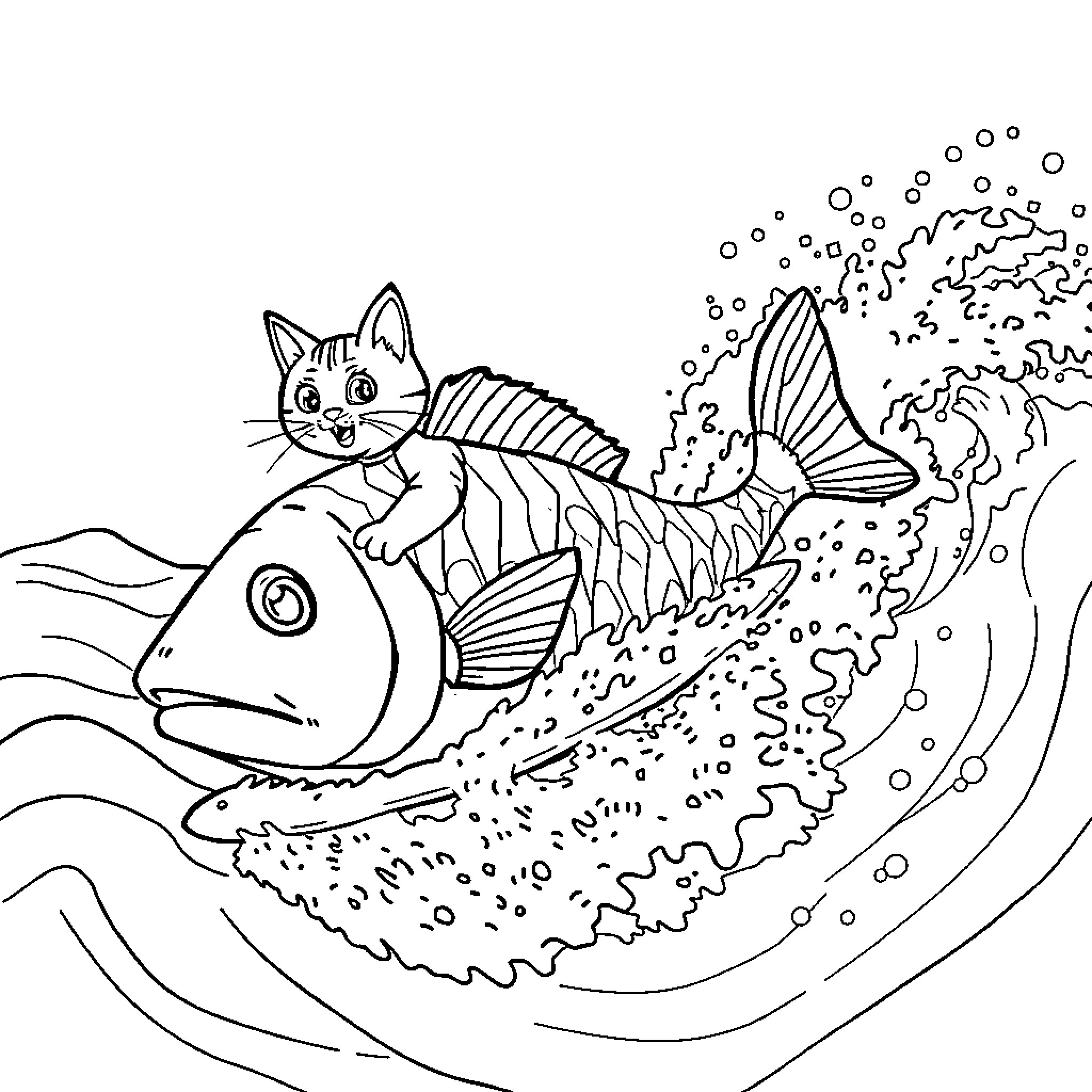 Cat and Aquatic Creatures in Underwater Scene Coloring Page (free black-and-white line drawing printable PDF for all, from beginners to advanced learners, including children, teens, adults, and seniors)
