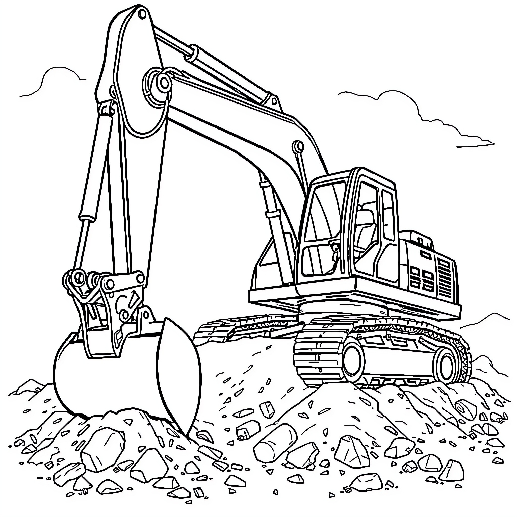 Excavator digging up rocks and debris on a construction site Coloring Page (free black-and-white line drawing printable PDF for all, from beginners to advanced learners, including children, teens, adults, and seniors)