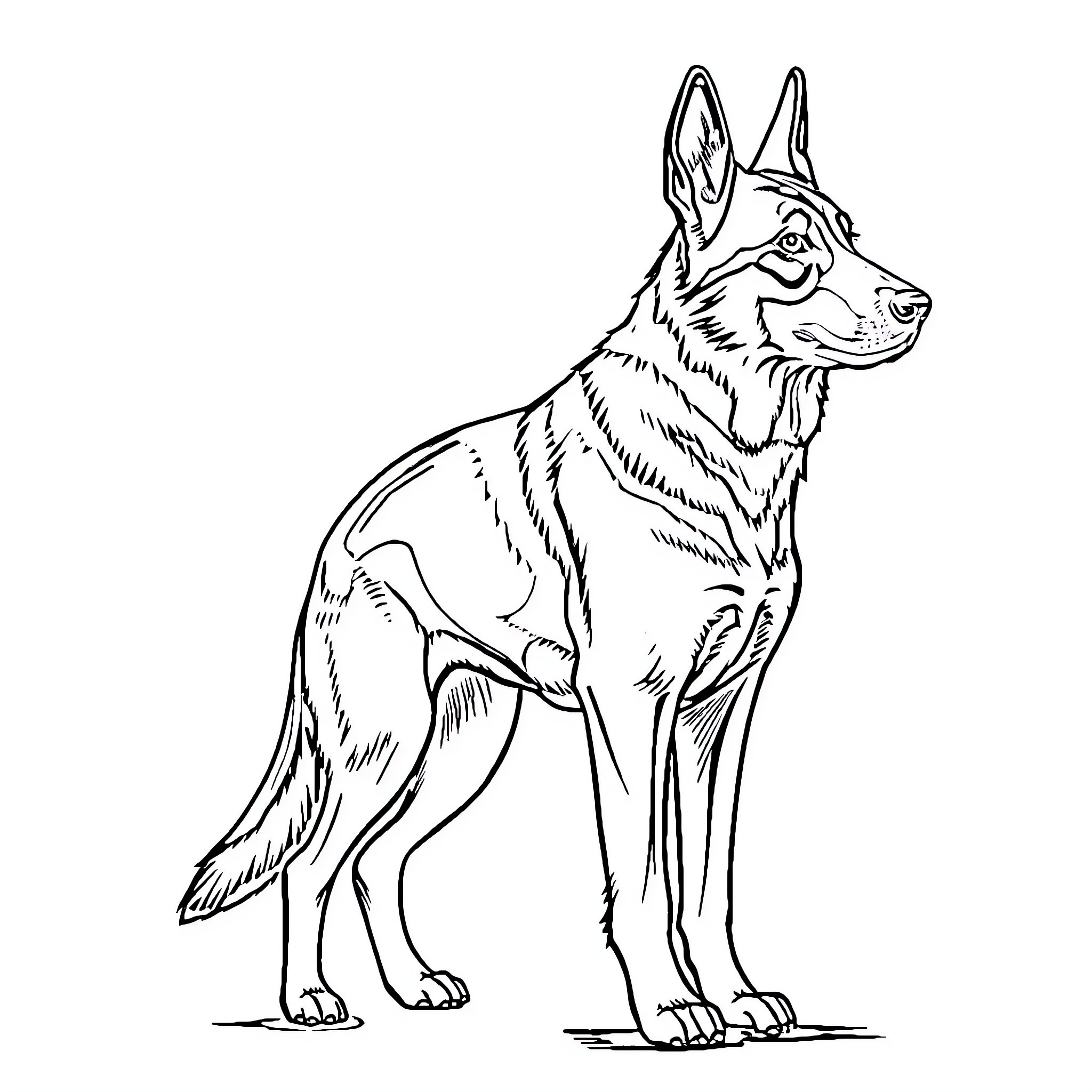 German Shepherd standing alert and vigilant Coloring Page (free black-and-white line drawing printable PDF for all, from beginners to advanced learners, including children, teens, adults, and seniors)