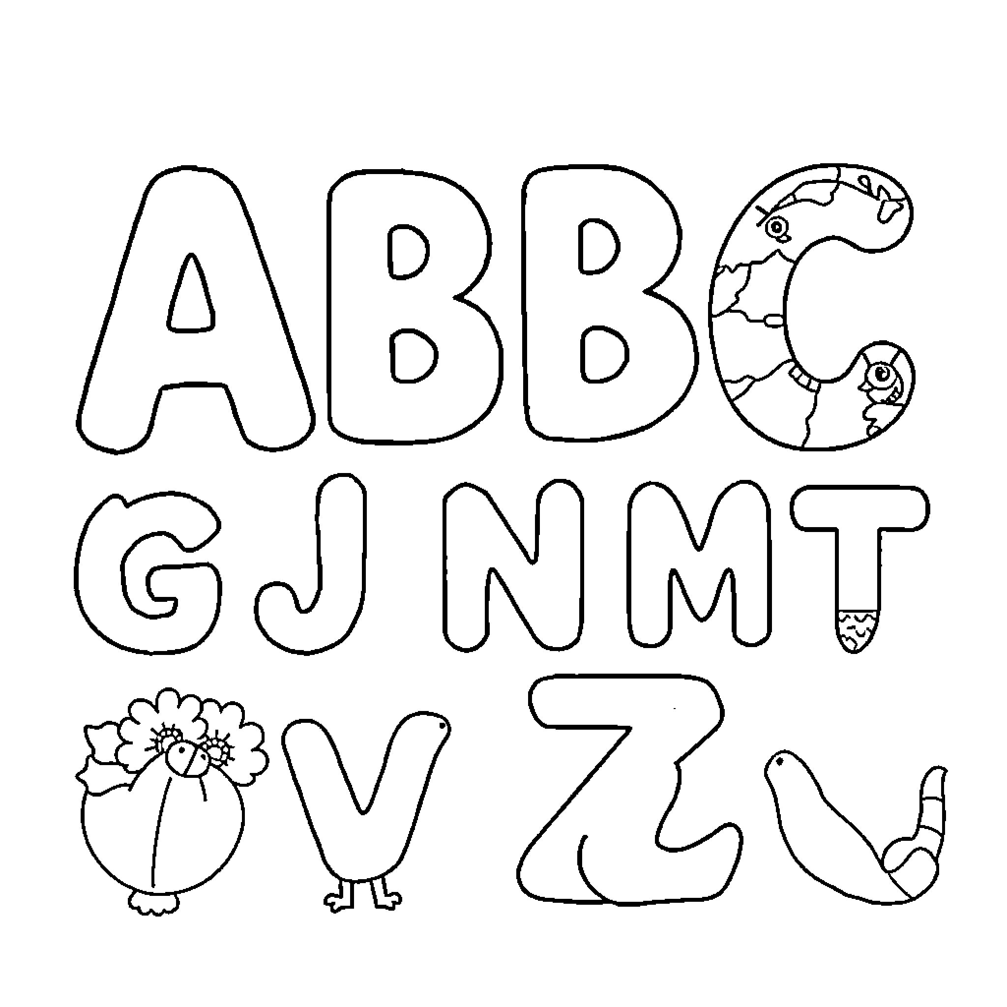 Alphabet Letters with Playful Designs Coloring Page (free black-and-white line drawing printable PDF for all, from beginners to advanced learners, including children, teens, adults, and seniors)