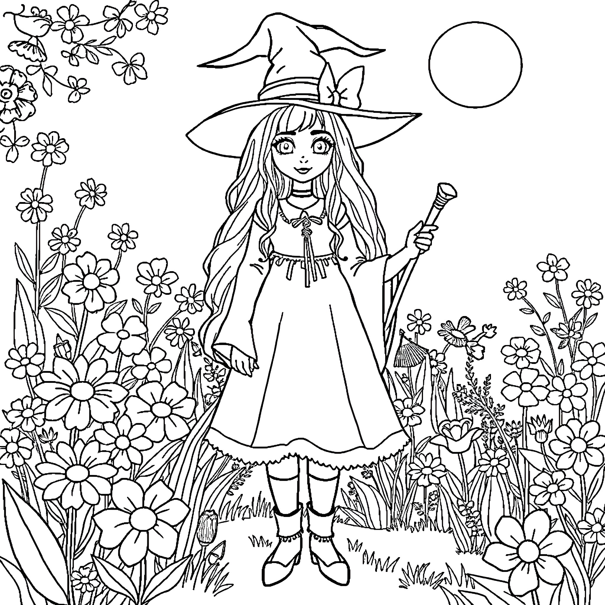 Bluey the Magical Witch in the Enchanted Flower Garden Coloring Page (free black-and-white line drawing printable PDF for all, from beginners to advanced learners, including children, teens, adults, and seniors)