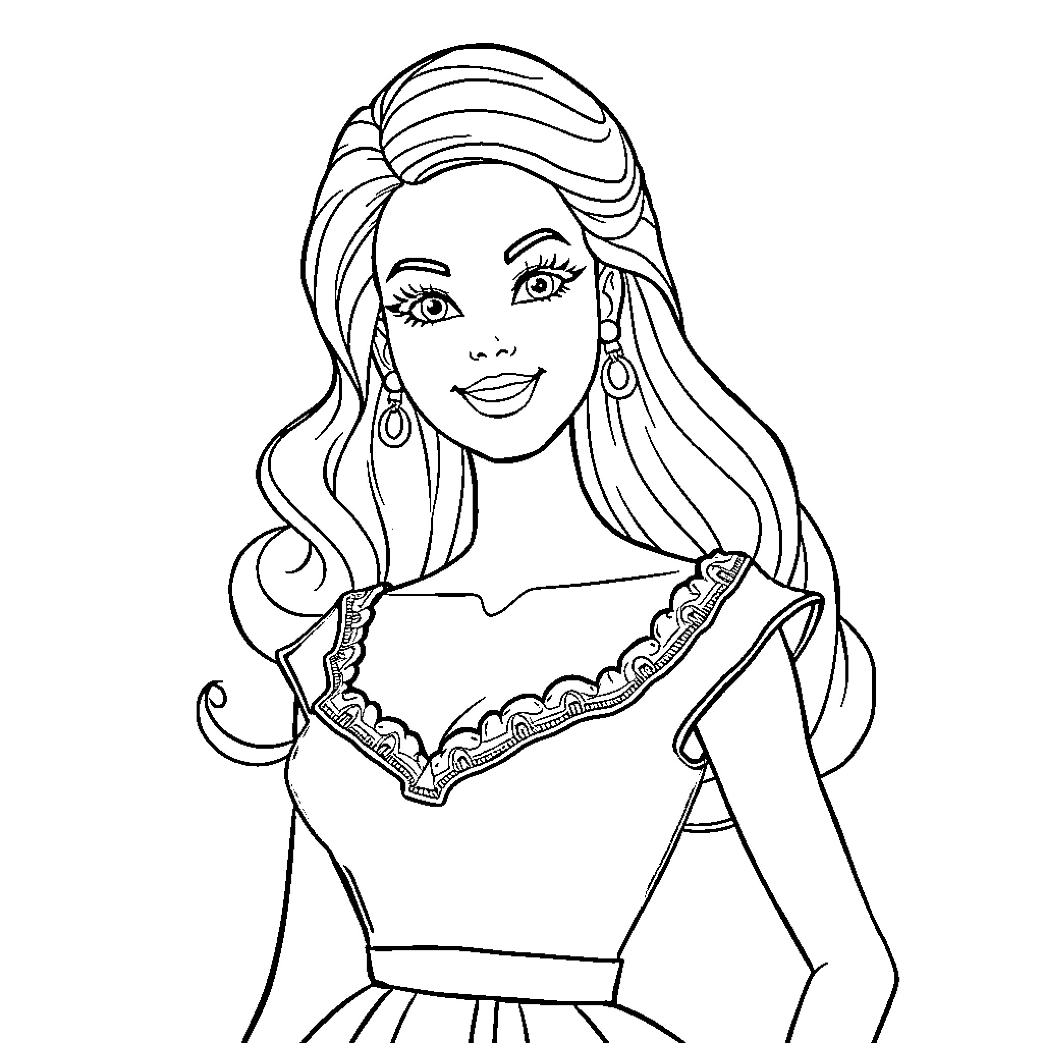 Barbie in elegant attire with a cheerful expression Coloring Page (free black-and-white line drawing printable PDF for all, from beginners to advanced learners, including children, teens, adults, and seniors)
