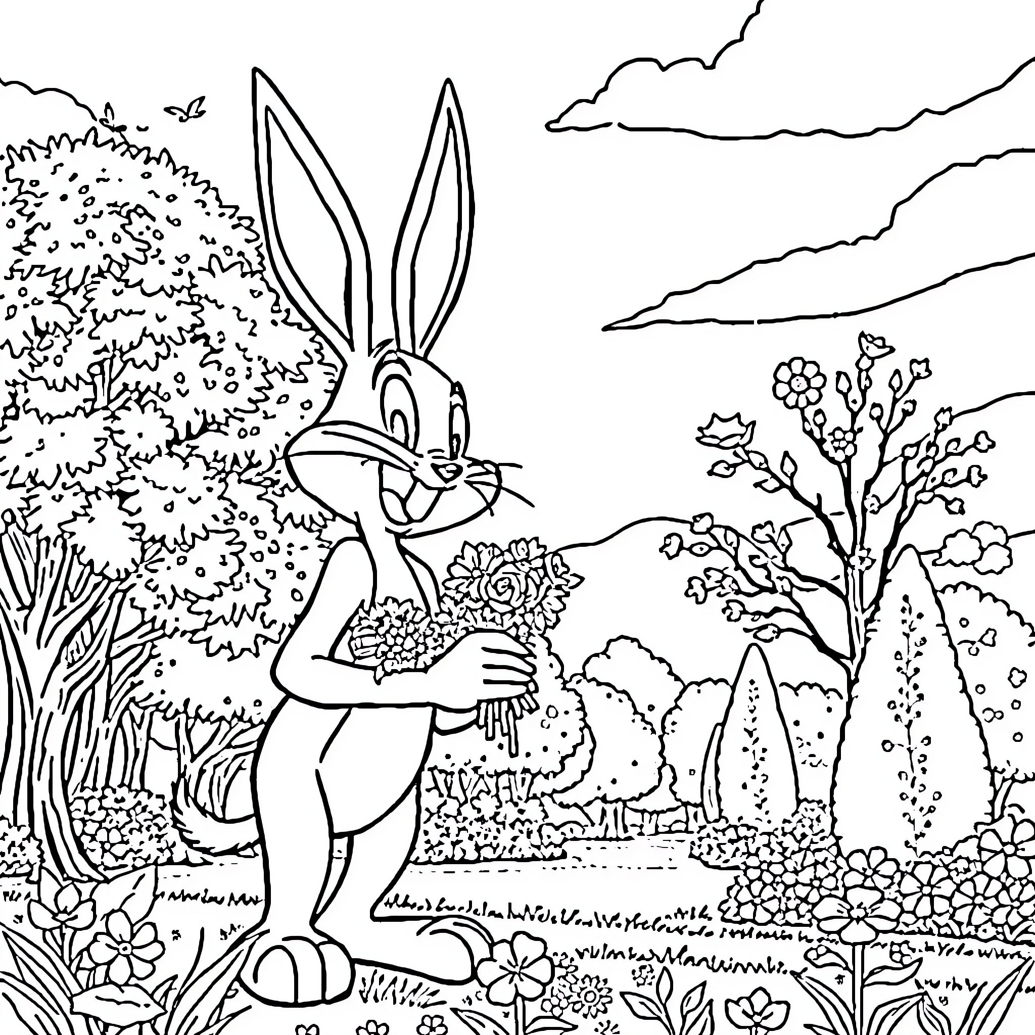 Bugs Bunny admiring a bouquet of flowers in a lush garden Coloring Page (free black-and-white line drawing printable PDF for all, from beginners to advanced learners, including children, teens, adults, and seniors)