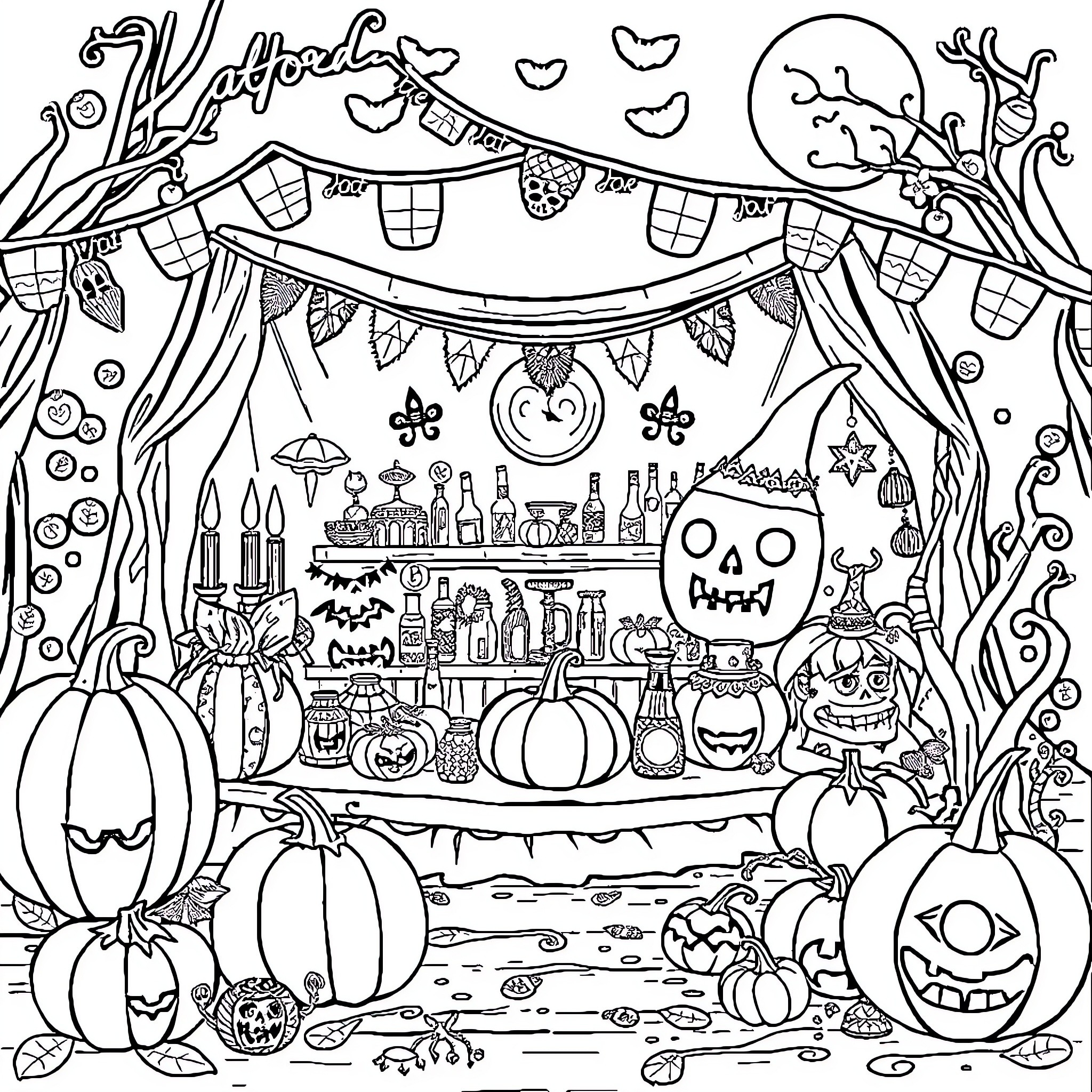 Boho Halloween Celebration with Festive Decor and Pumpkins Coloring Page (free black-and-white line drawing printable PDF for all, from beginners to advanced learners, including children, teens, adults, and seniors)