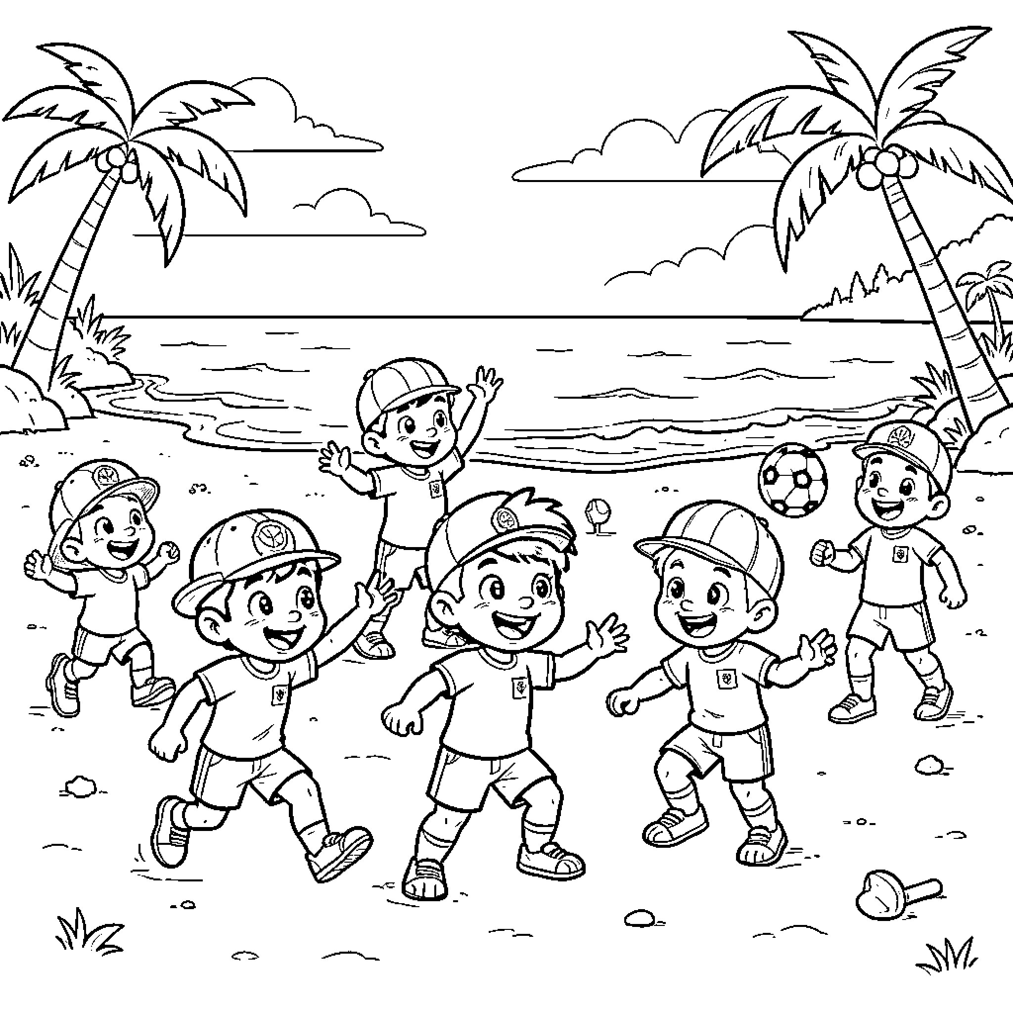 Paw Patrol characters playing soccer on the beach Coloring Page (free black-and-white line drawing printable PDF for all, from beginners to advanced learners, including children, teens, adults, and seniors)