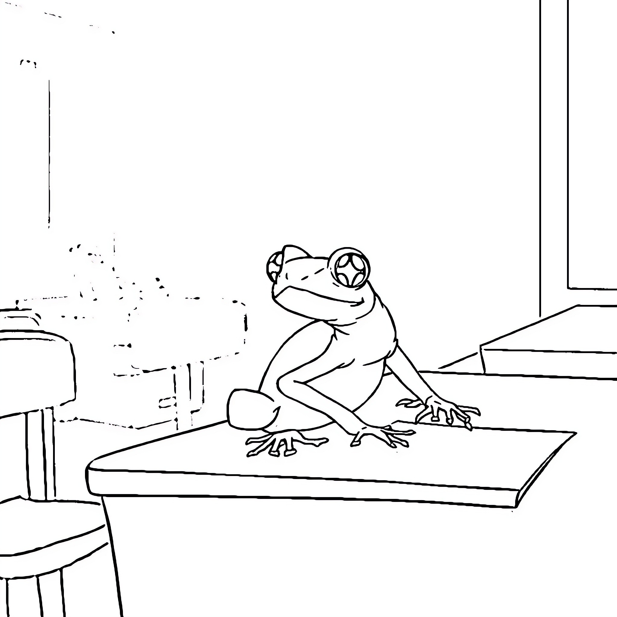 Frog sitting calmly on a wooden surface Coloring Page (free black-and-white line drawing printable PDF for all, from beginners to advanced learners, including children, teens, adults, and seniors)