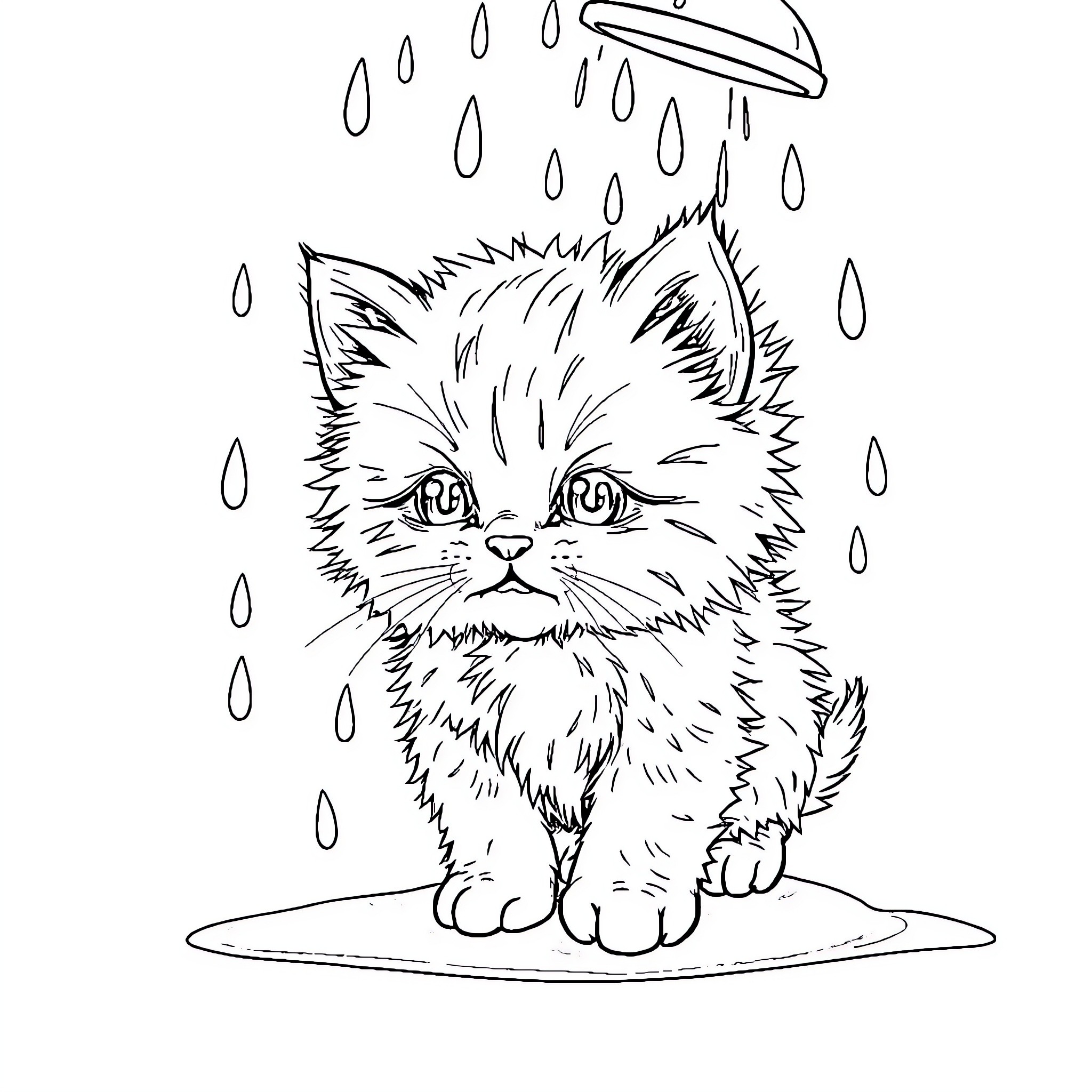Kitten in the rain Coloring Page (free black-and-white line drawing printable PDF for all, from beginners to advanced learners, including children, teens, adults, and seniors)