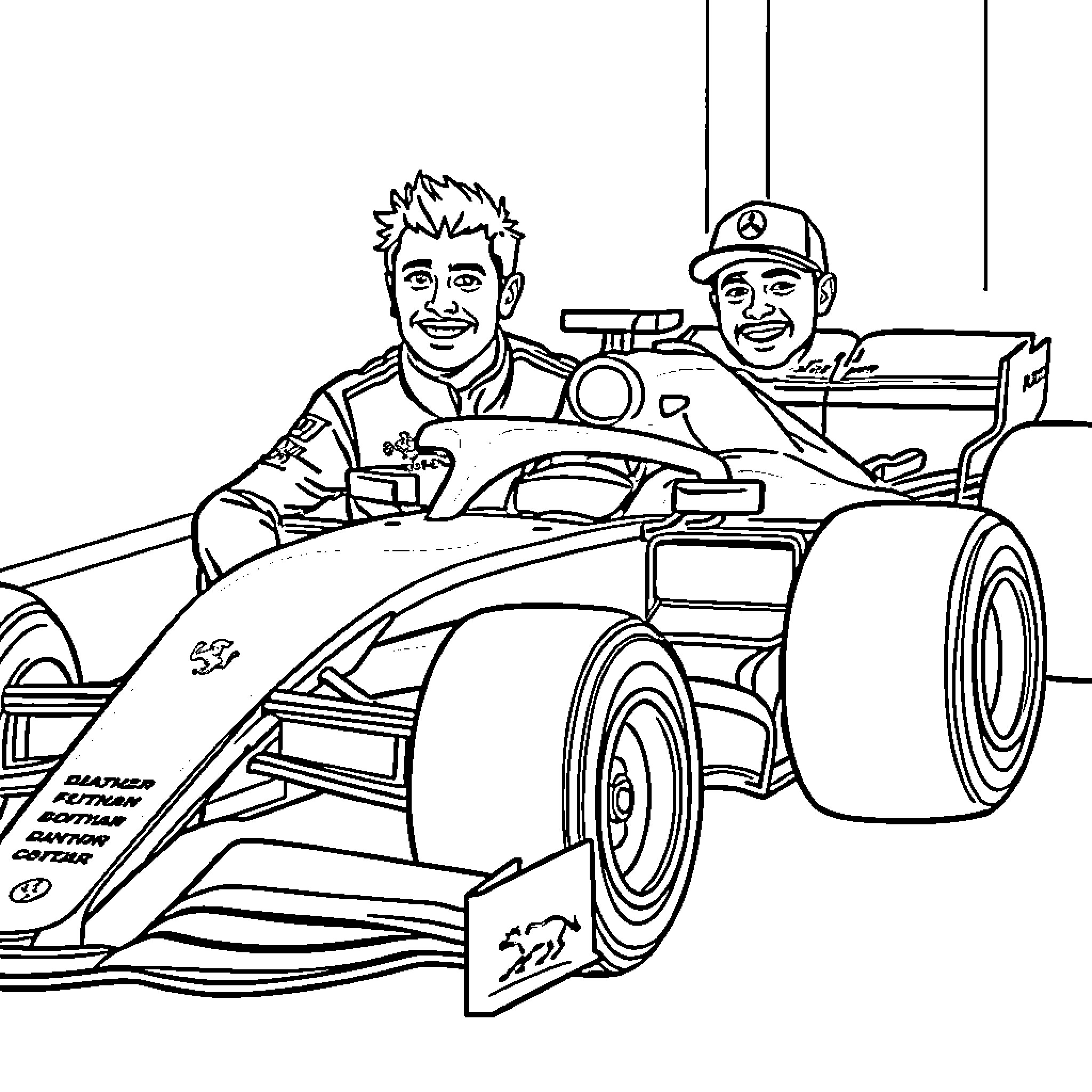 Formula 1 Drivers in Racecar Coloring Page (free black-and-white line drawing printable PDF for all, from beginners to advanced learners, including children, teens, adults, and seniors)