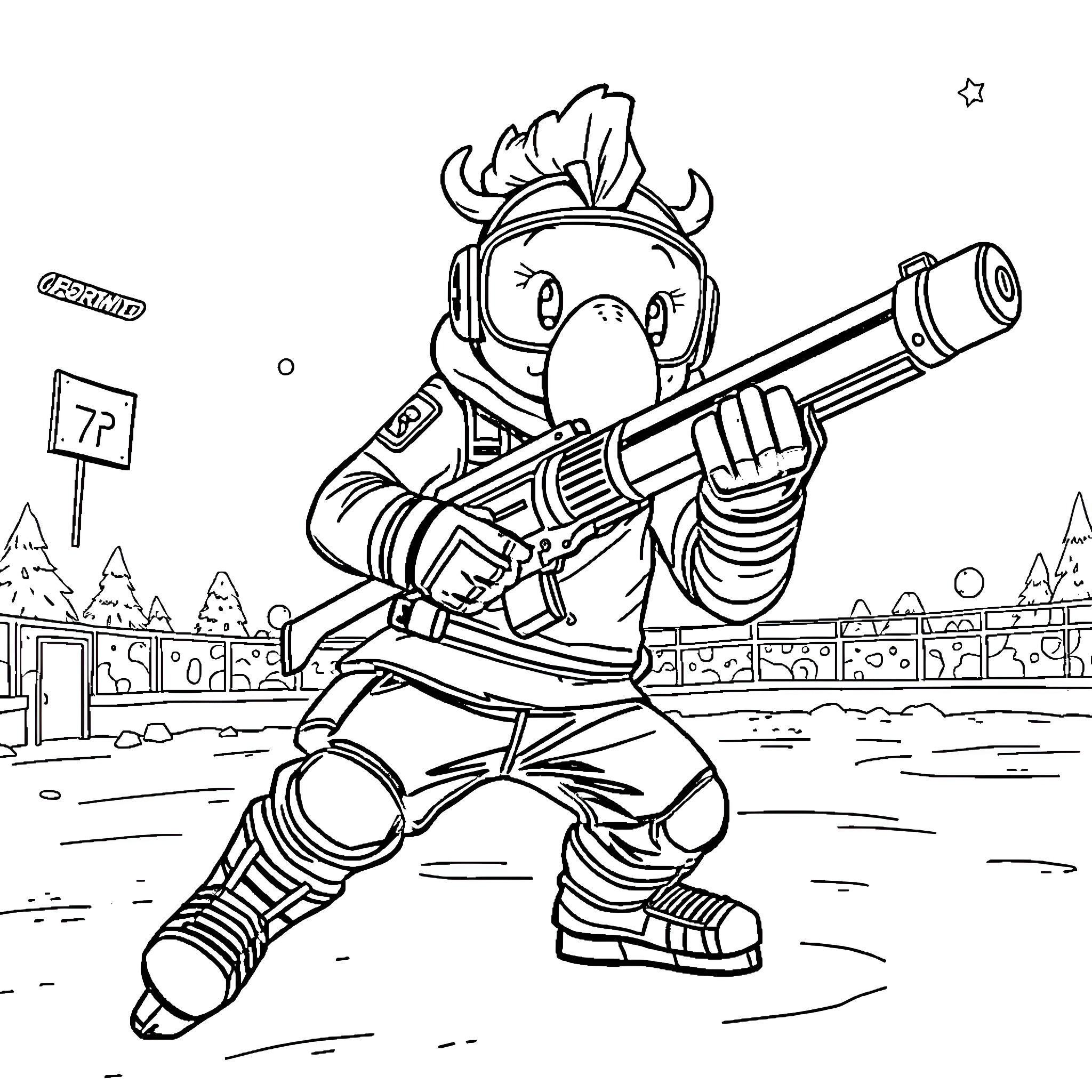 Fortnite character with a weapon in an outdoor scene Coloring Page (free black-and-white line drawing printable PDF for all, from beginners to advanced learners, including children, teens, adults, and seniors)