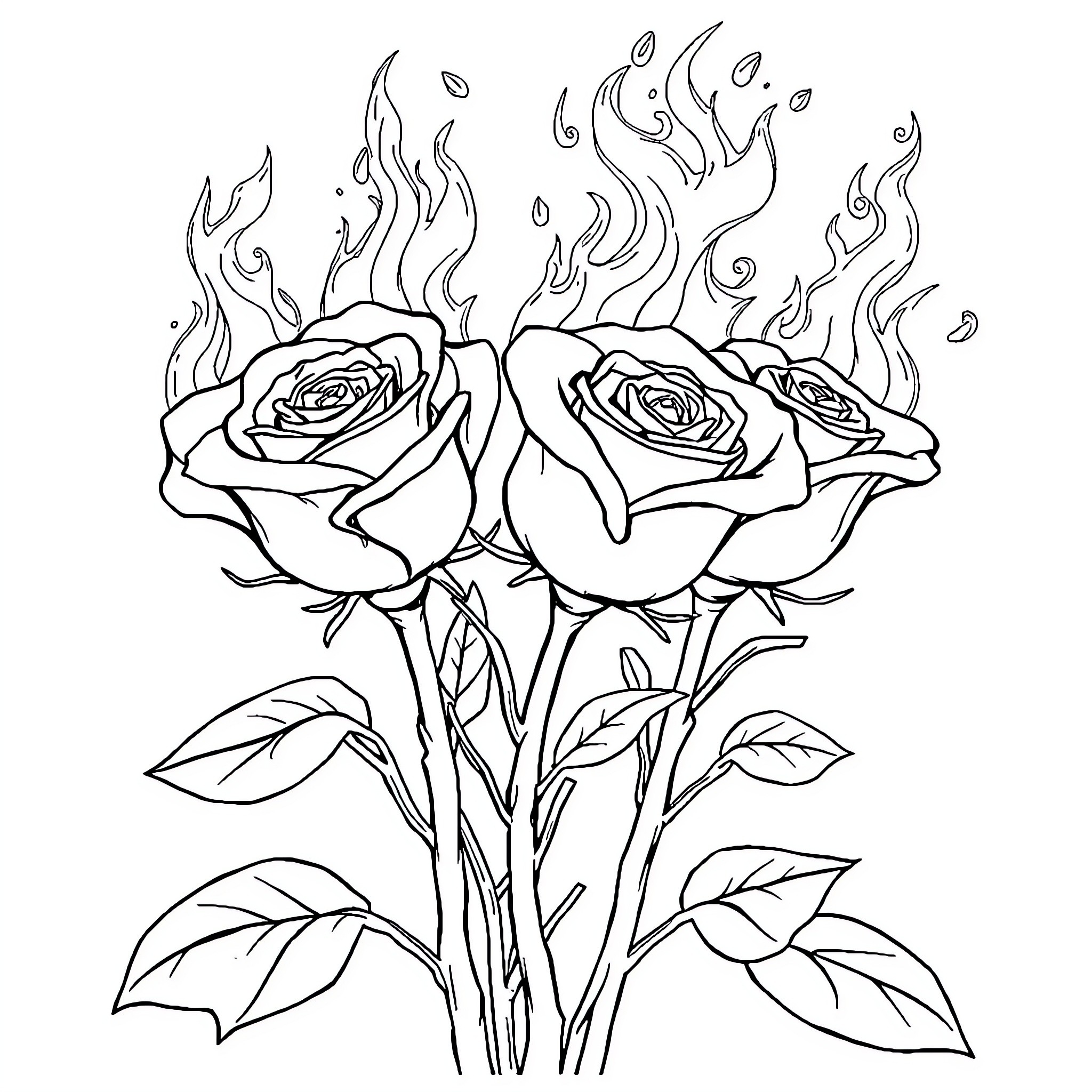 Teletubby roses with fiery leaves and petals Coloring Page (free black-and-white line drawing printable PDF for all, from beginners to advanced learners, including children, teens, adults, and seniors)