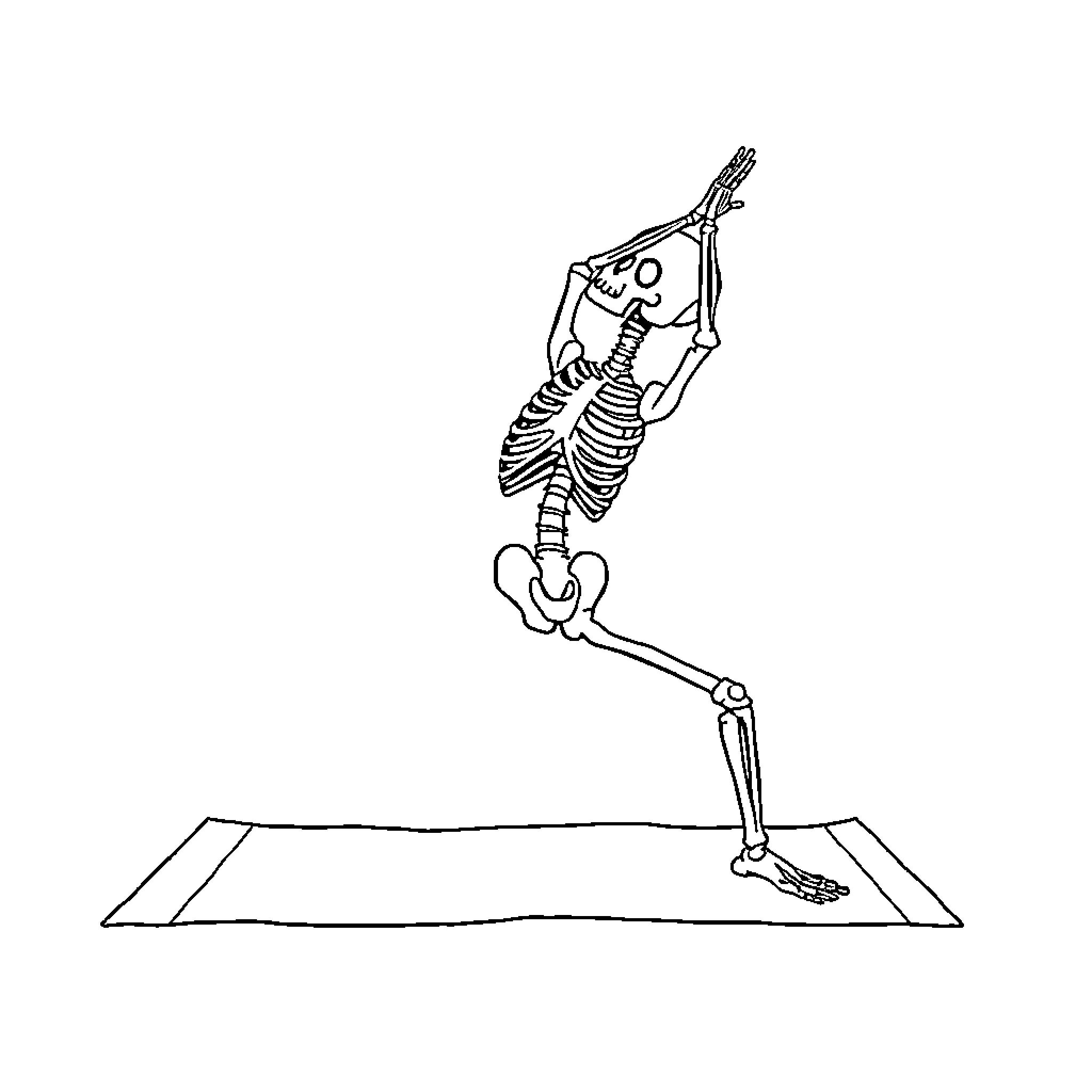 Skeleton performing yoga pose on mat Coloring Page (free black-and-white line drawing printable PDF for all, from beginners to advanced learners, including children, teens, adults, and seniors)